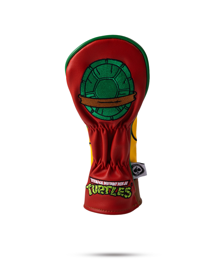 TMNT Raphael hybrid golf headcover featuring vibrant red and green colors with a turtle shell design.