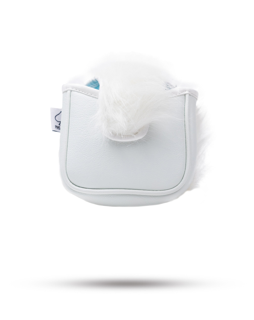 White mallet putter cover featuring a fluffy white top, designed to protect and style your golf equipment.