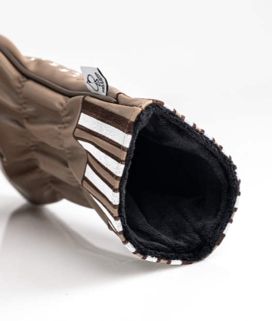 Folds of Honor 2.0 driver cover in brown with striped detailing, featuring a soft interior for club protection.
