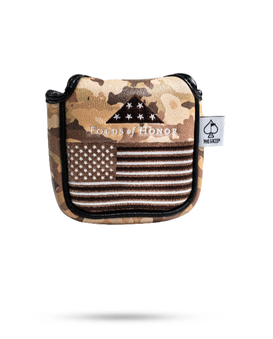 Camo-patterned mallet putter cover featuring the Folds of Honor logo and American flag design for stylish golf protection.