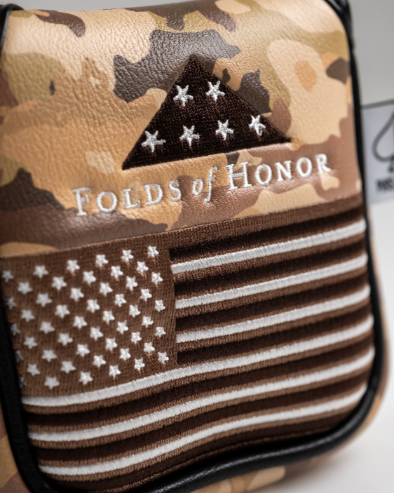 Camo mallet putter cover featuring the Folds of Honor logo and an American flag design, perfect for stylish golfers.