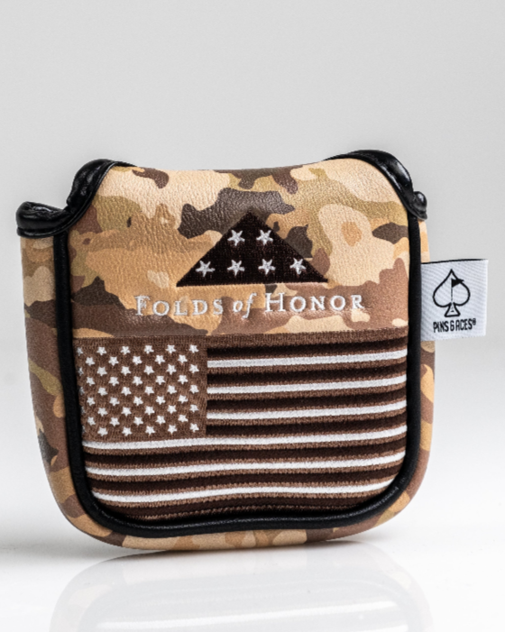 Camo-patterned mallet putter cover featuring Folds of Honor logo and American flag design for golfers seeking unique accessories.