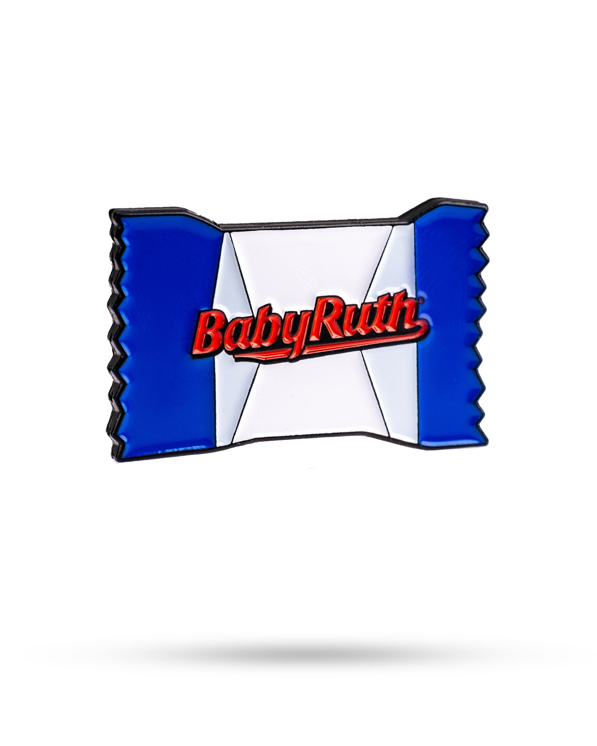 Colorful Baby Ruth ball marker featuring the iconic candy wrapper design, perfect for adding fun to your golf game.