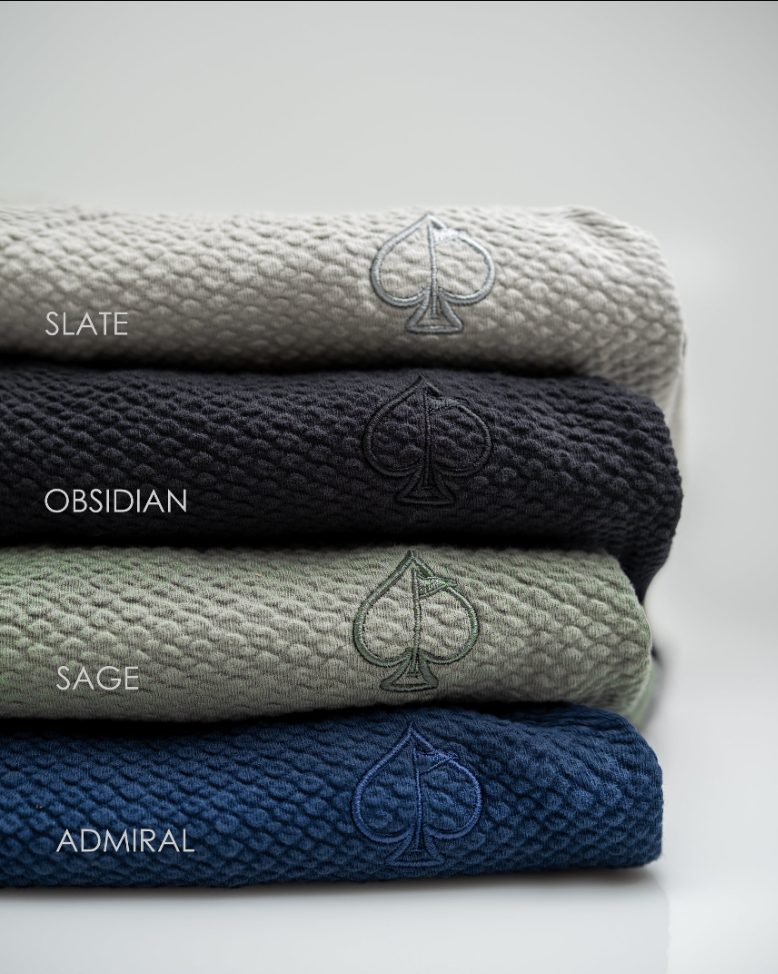Player Preferred Waffleknit Shorts in sage, stacked with other colors: slate, obsidian, and admiral, featuring spade logo.