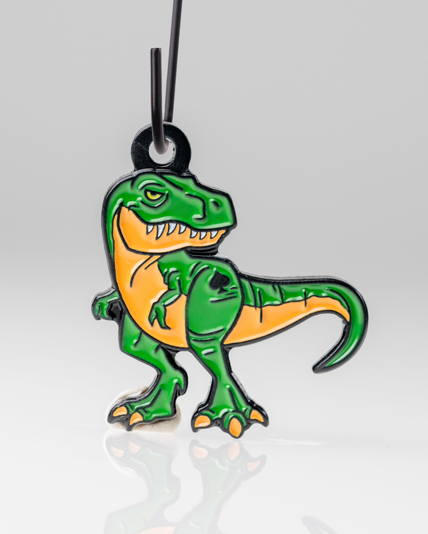 Colorful T-Rex ornament featuring a green and orange dinosaur design, perfect for adding a fun touch to any space.