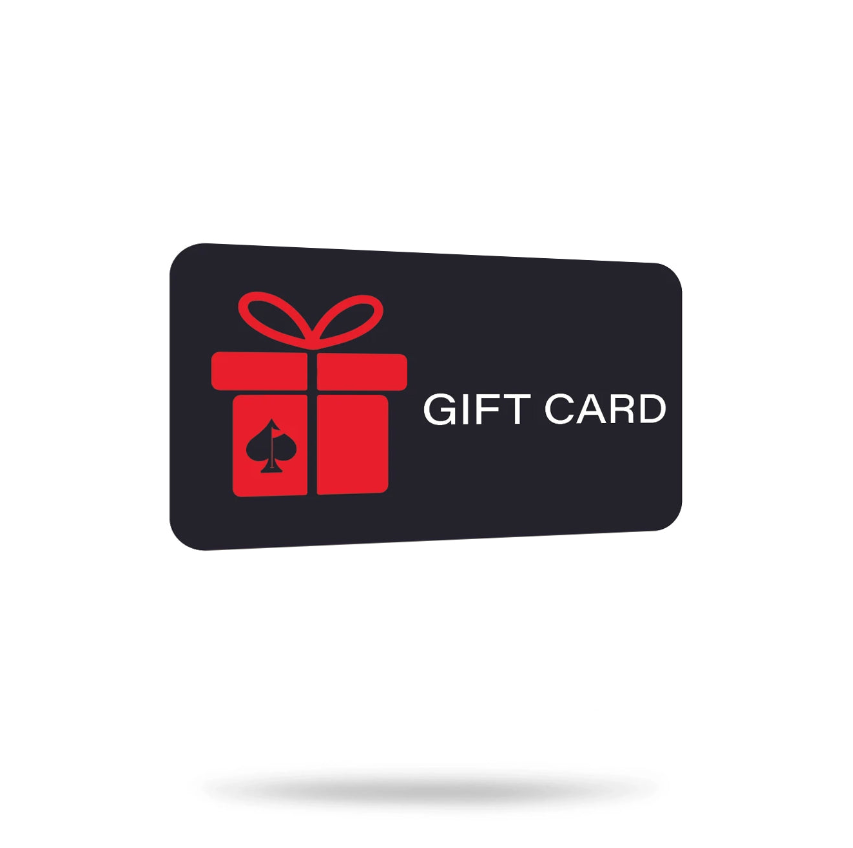 Bold gift card design featuring a red present icon and the text "GIFT CARD," perfect for golf apparel and accessories.