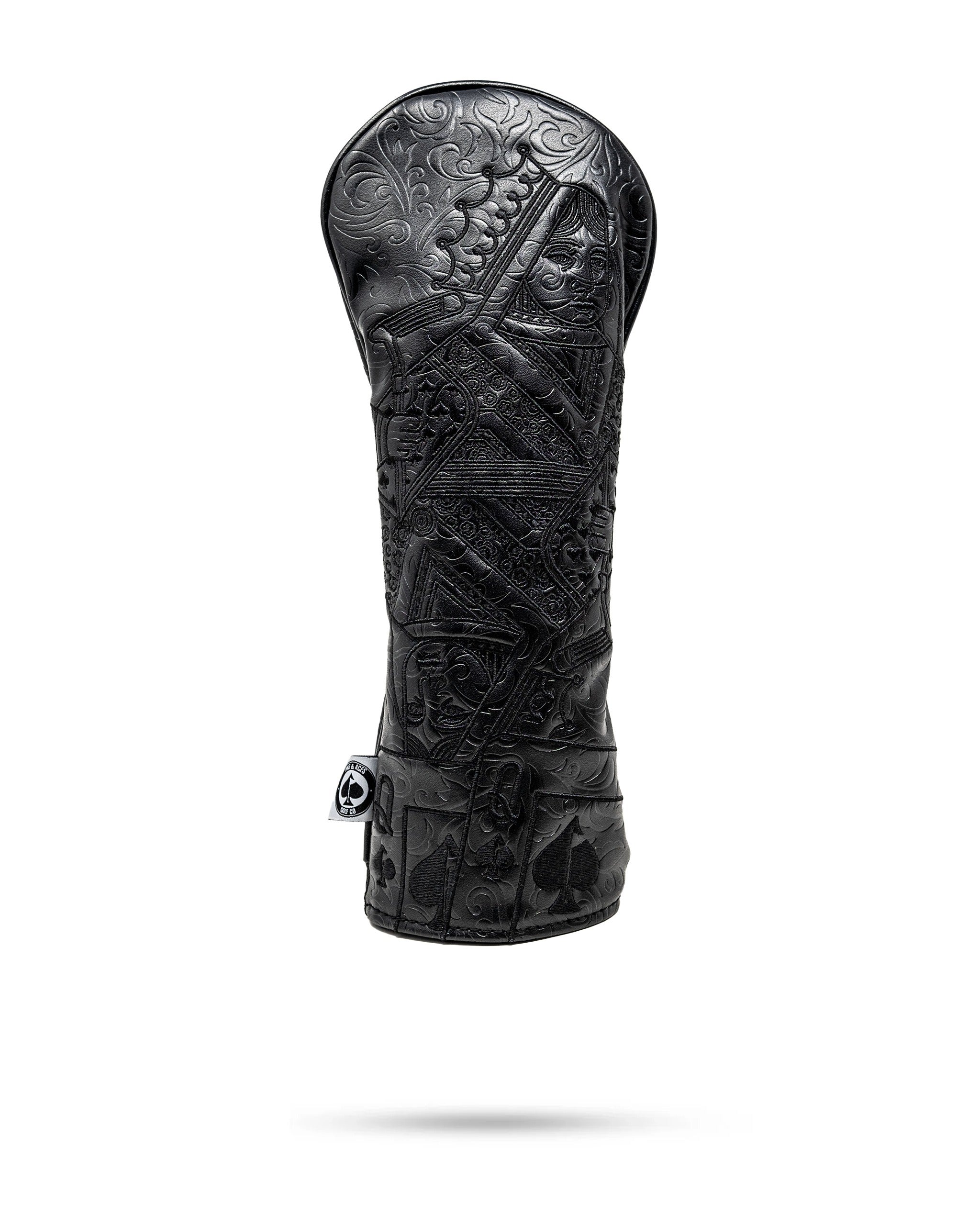 Blackout Queen of Spades fairway cover featuring intricate embossed designs in a sleek black finish for stylish protection.