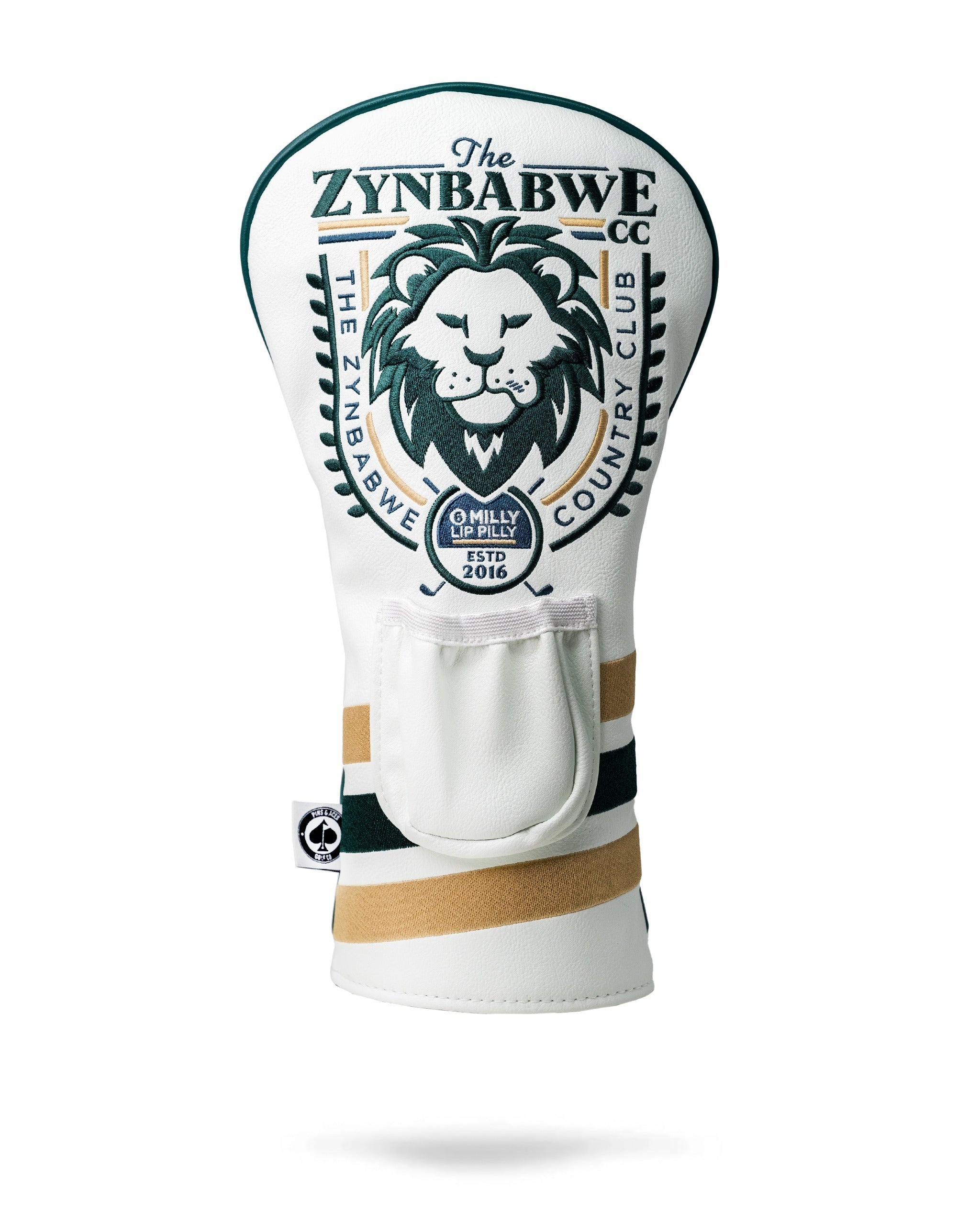Zynbabwe Country Club driver cover featuring a lion logo and bold stripes, designed for stylish golfers.