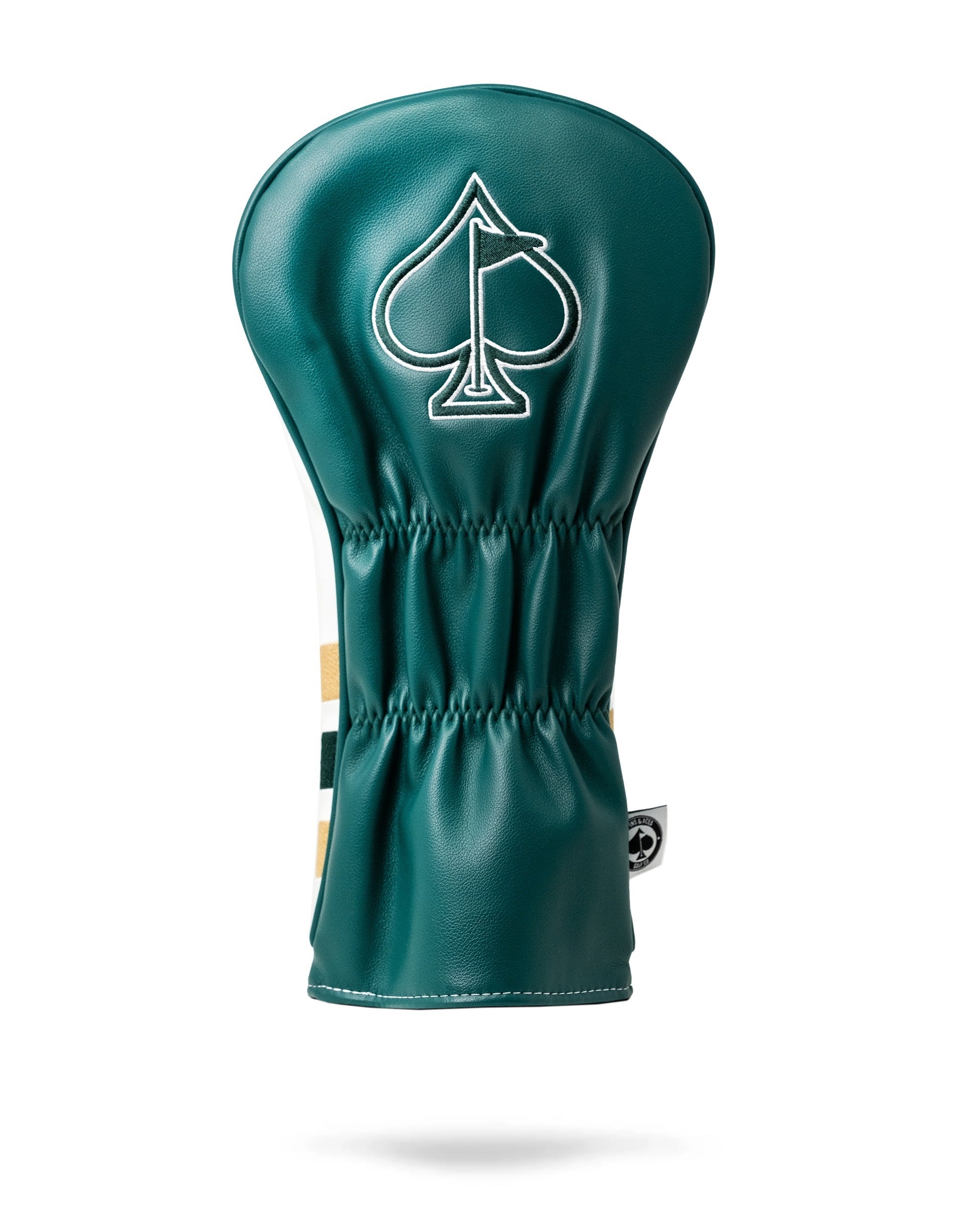 Zynbabwe Country Club driver cover in green leather with a spade logo and stylish striped design for golfers.