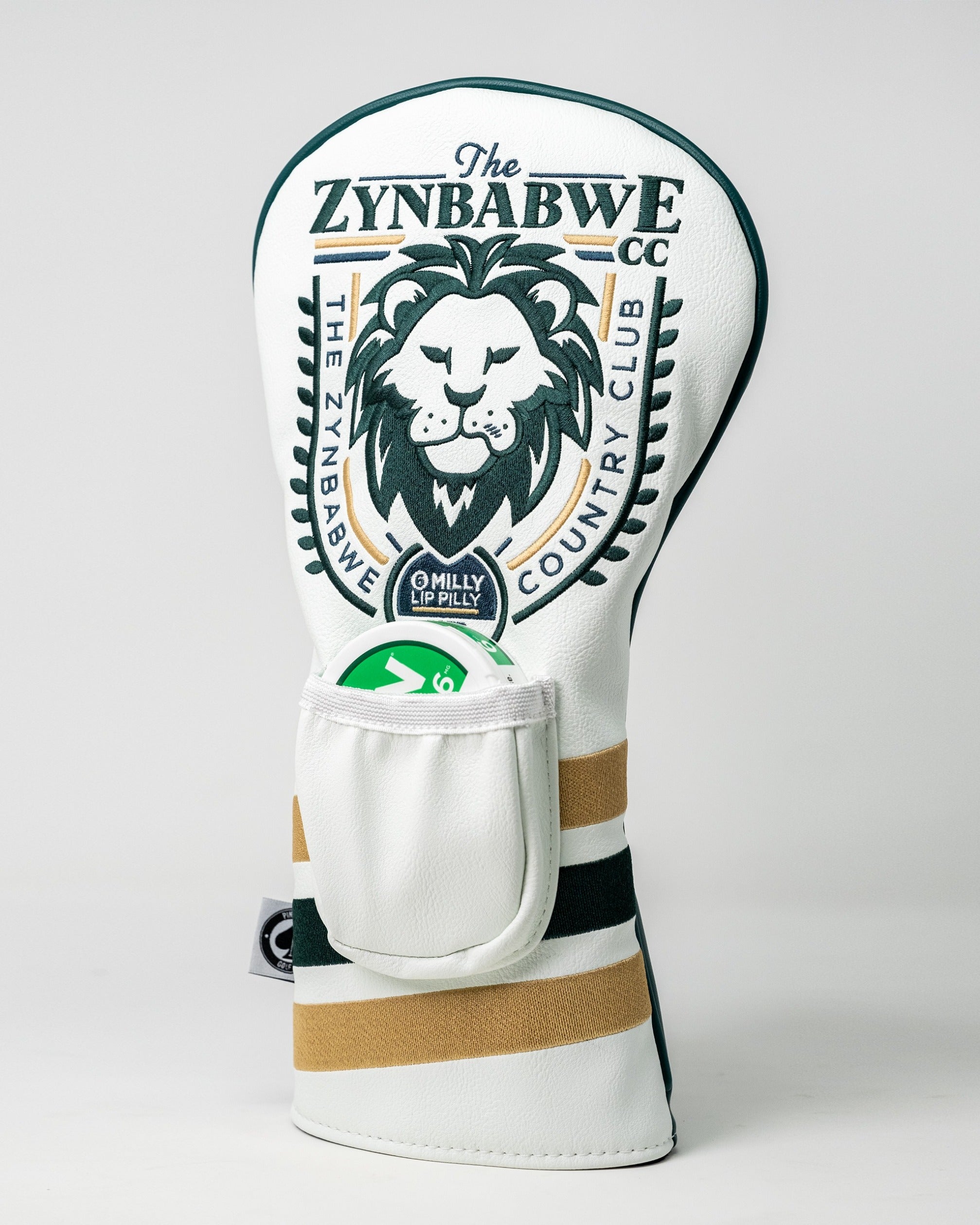 Stylish Zynbabwe Country Club driver cover featuring a lion logo and bold stripes, perfect for golfers seeking unique accessories.