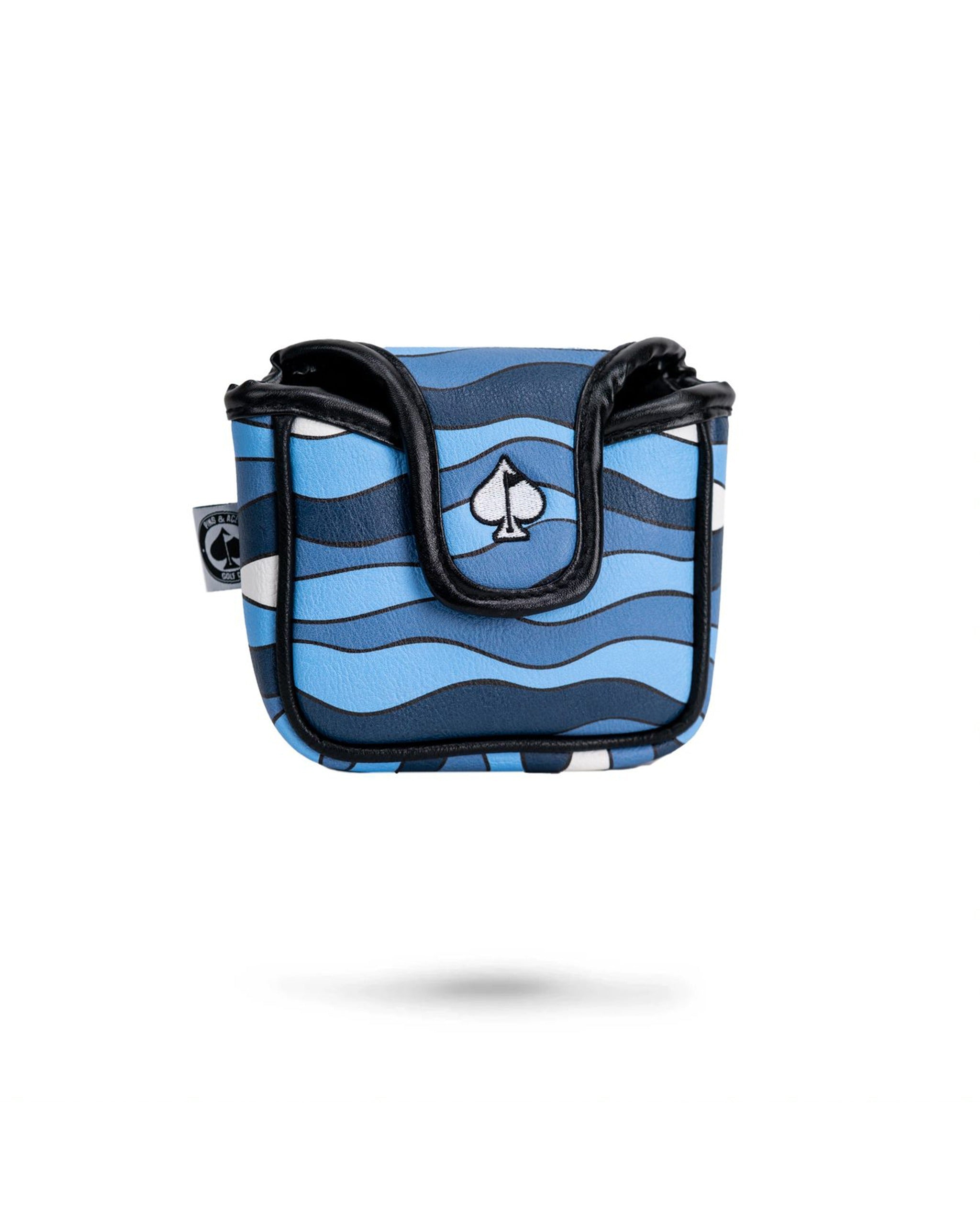 Bold blue mallet cover featuring a wave pattern and a spade logo, designed for golfers seeking unique accessories.
