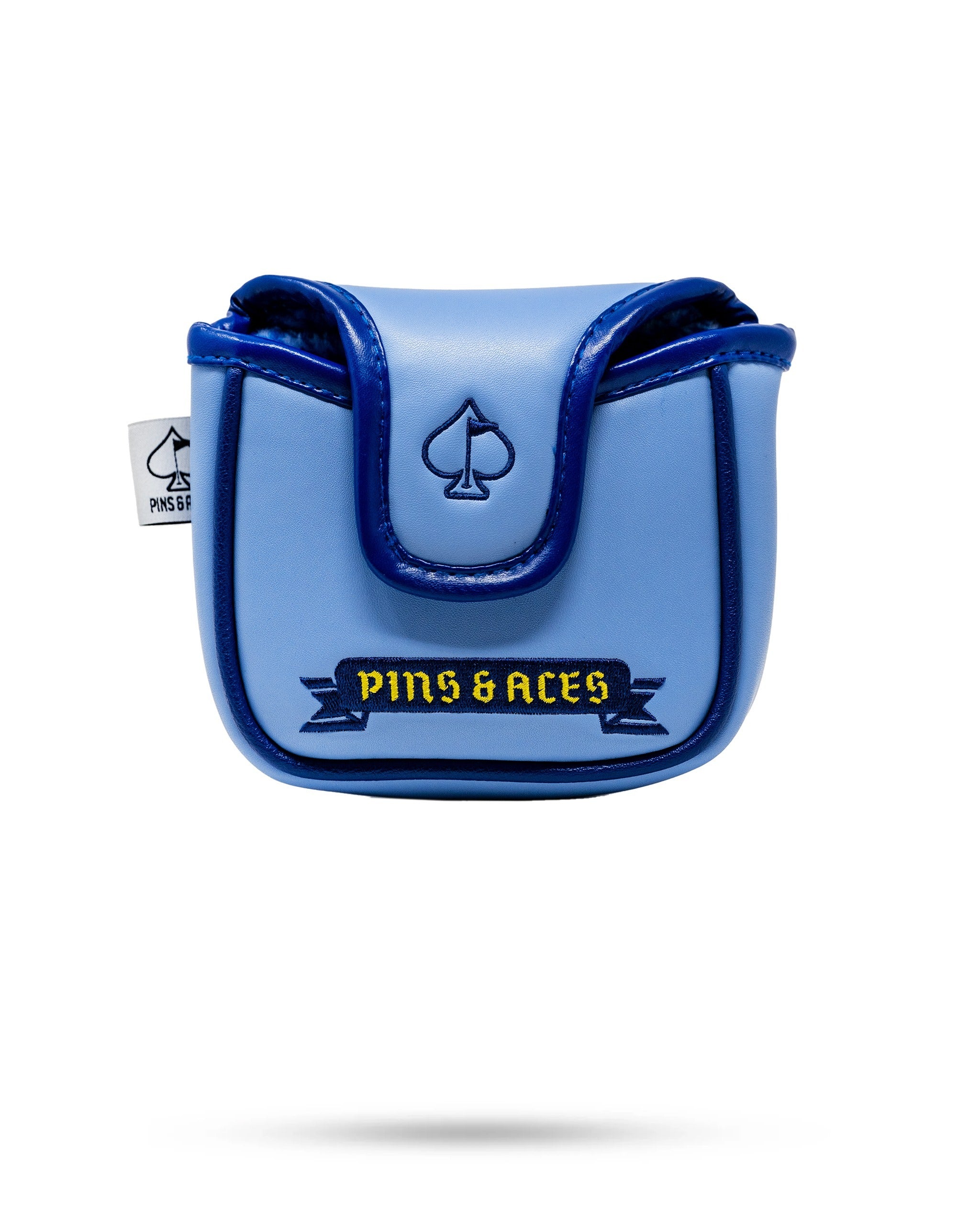 Light blue mallet cover featuring a bold "Pins & Aces" logo, designed to protect and style your golf putter.