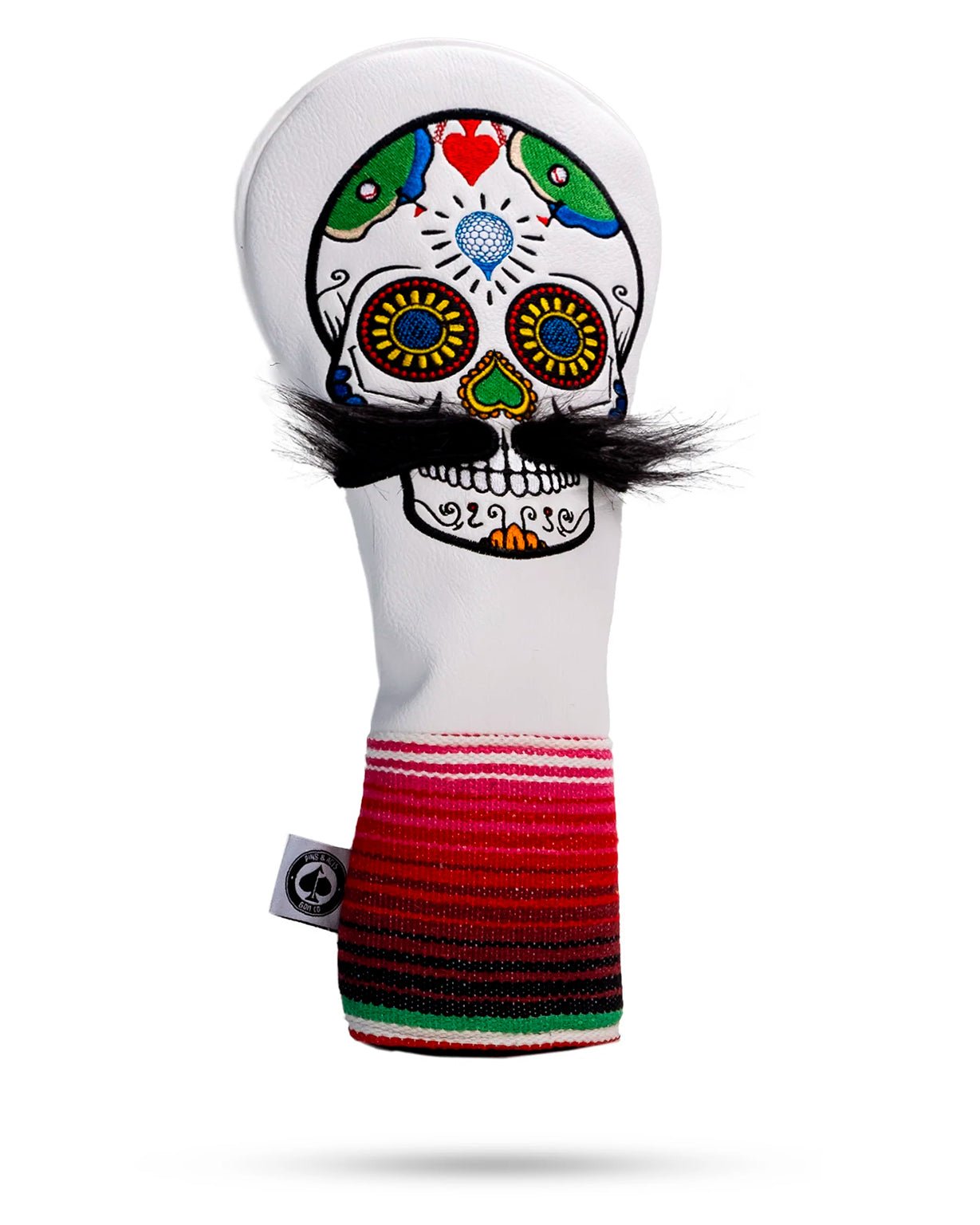 Bold white driver cover featuring a colorful sugar skull design with a mustache and vibrant striped knit bottom.
