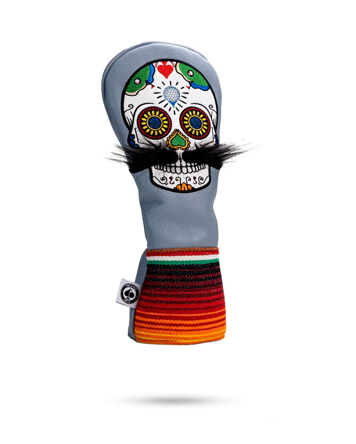 Gray fairway cover featuring a colorful sugar skull design with a mustache, perfect for bold golfers seeking unique style.