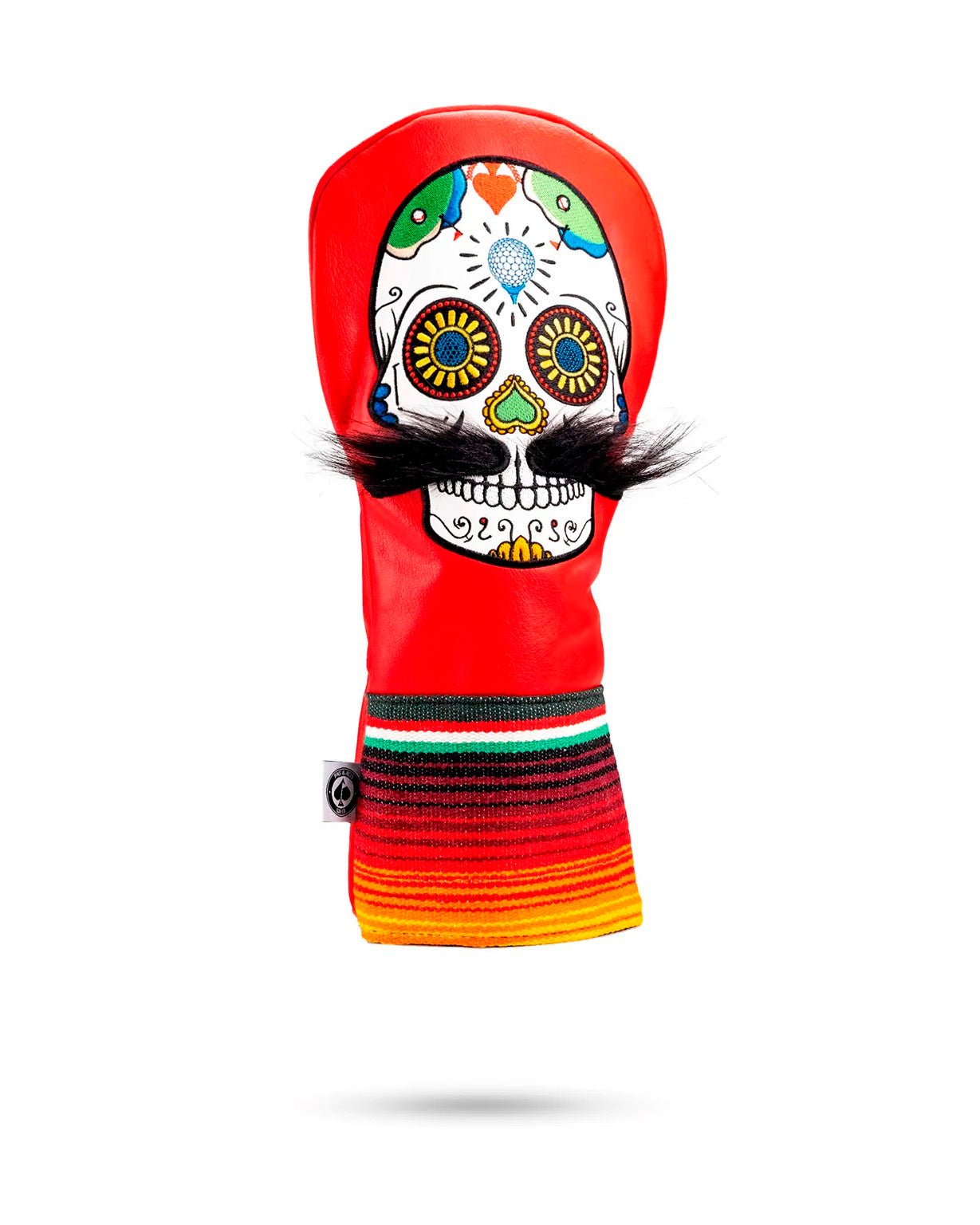 Bold red fairway cover featuring a colorful sugar skull design with a mustache, perfect for unique golf style.