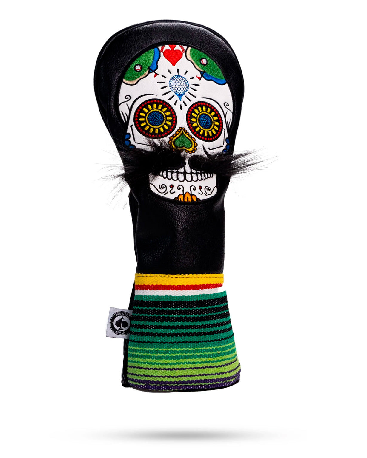 Bold black driver cover featuring a colorful mustache sugar skull design, perfect for golfers wanting to stand out on the course.