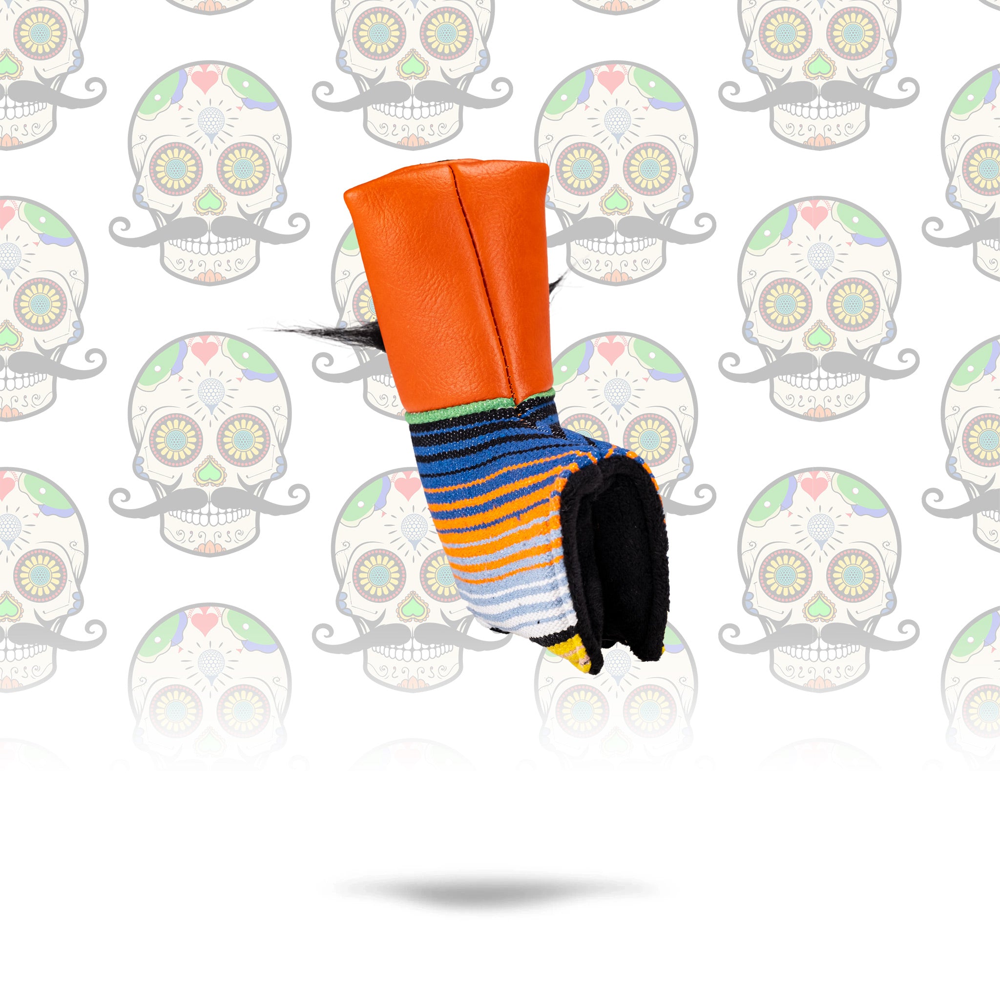 Bold orange blade putter cover featuring a mustache sugar skull design, perfect for golfers seeking unique style on the course.