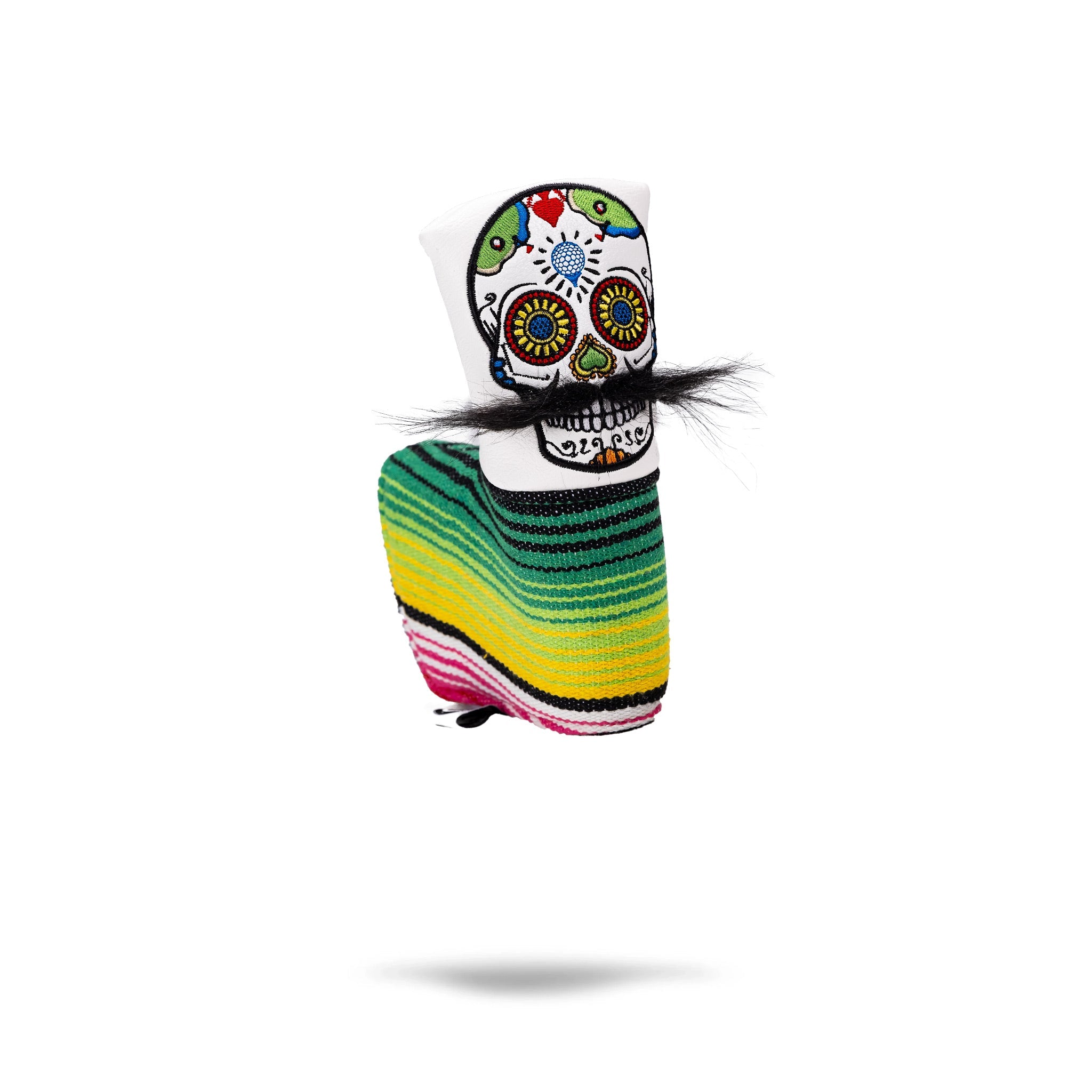 Bold white putter cover featuring a colorful mustache sugar skull design with vibrant stripes, perfect for unique golf style.
