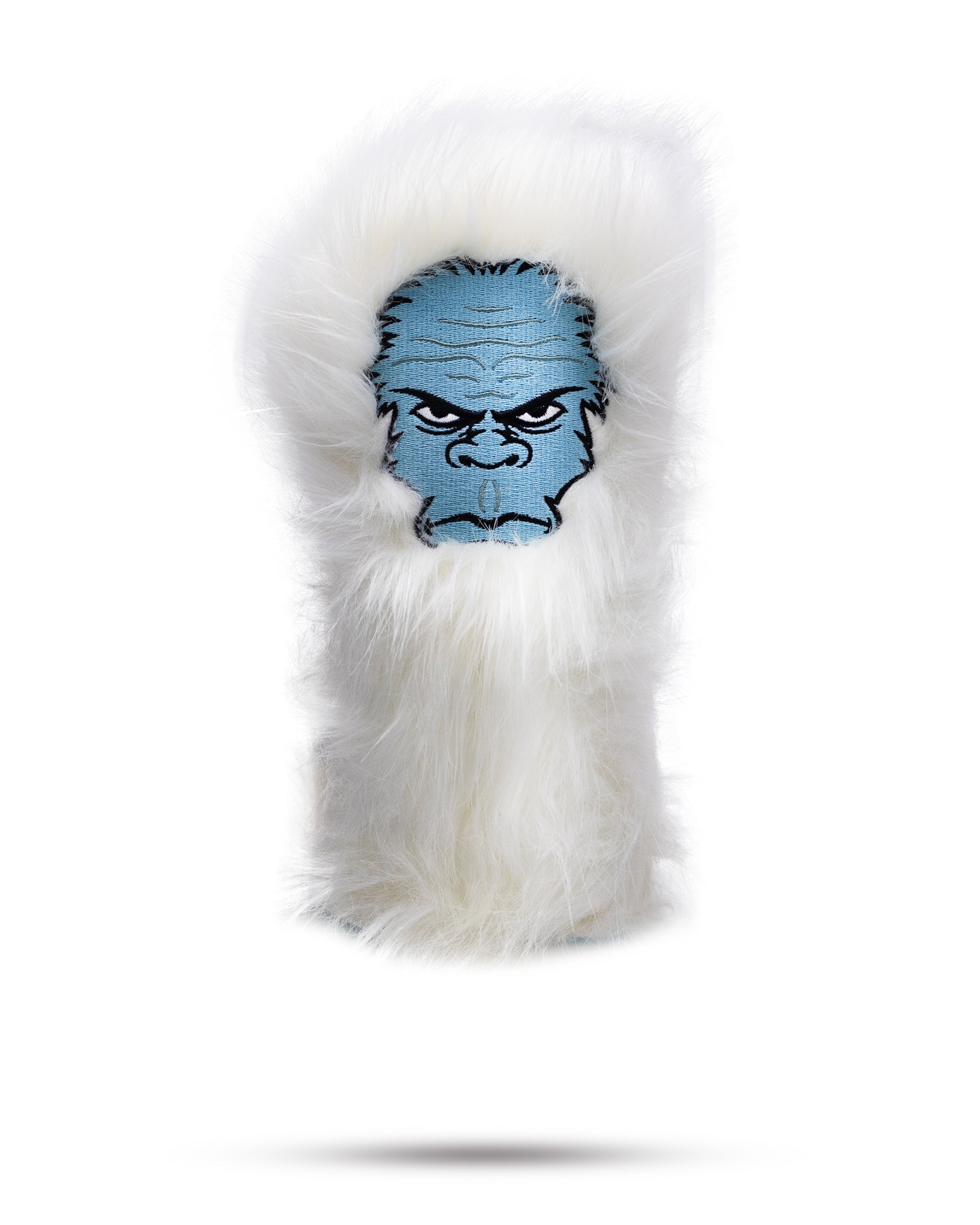 Yeti hybrid golf headcover featuring a fluffy white exterior and a blue yeti face design, perfect for unique style on the course.