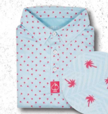 Light blue golf shirt with red palm tree and spade pattern, featuring white buttons for bold, playful golf style.