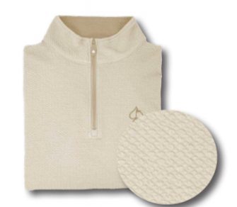 Cream waffle knit pullover with a half-zip collar and textured fabric, designed for comfort on and off the golf course.