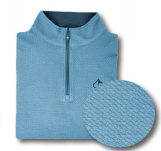 Blue steel waffle knit pullover with a half-zip design and a subtle logo, perfect for stylish golf outings.