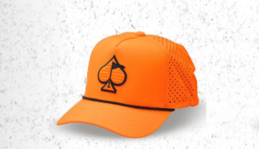 Highlighter orange perforated rope hat featuring a black spade logo and a stylish design for bold golfers.