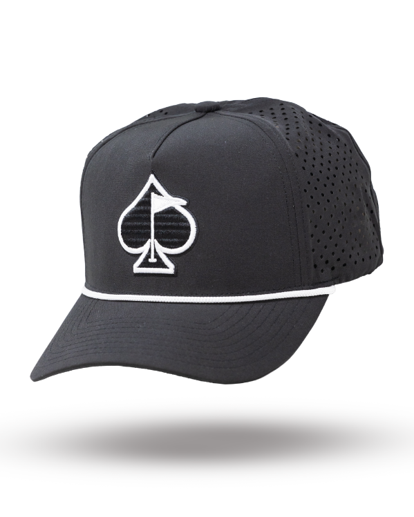Black perforated rope hat featuring a white spade logo and a stylish design, perfect for golfers seeking a bold look.