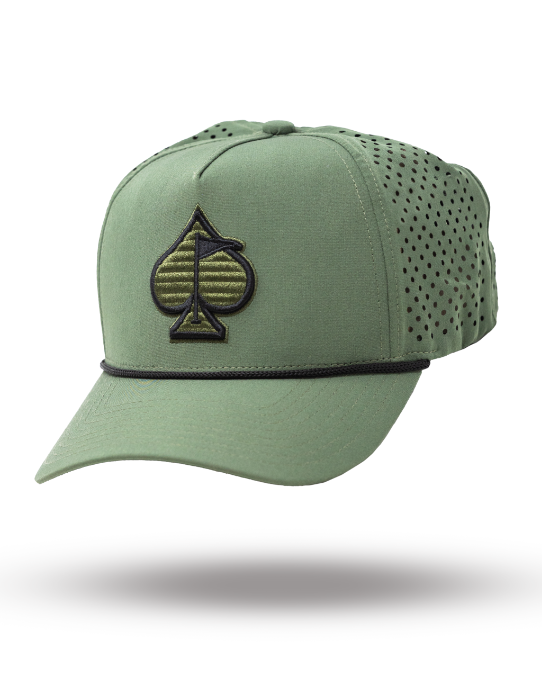 Olive perforated rope hat featuring a bold spade logo and a stylish black rope detail for a unique golf look.