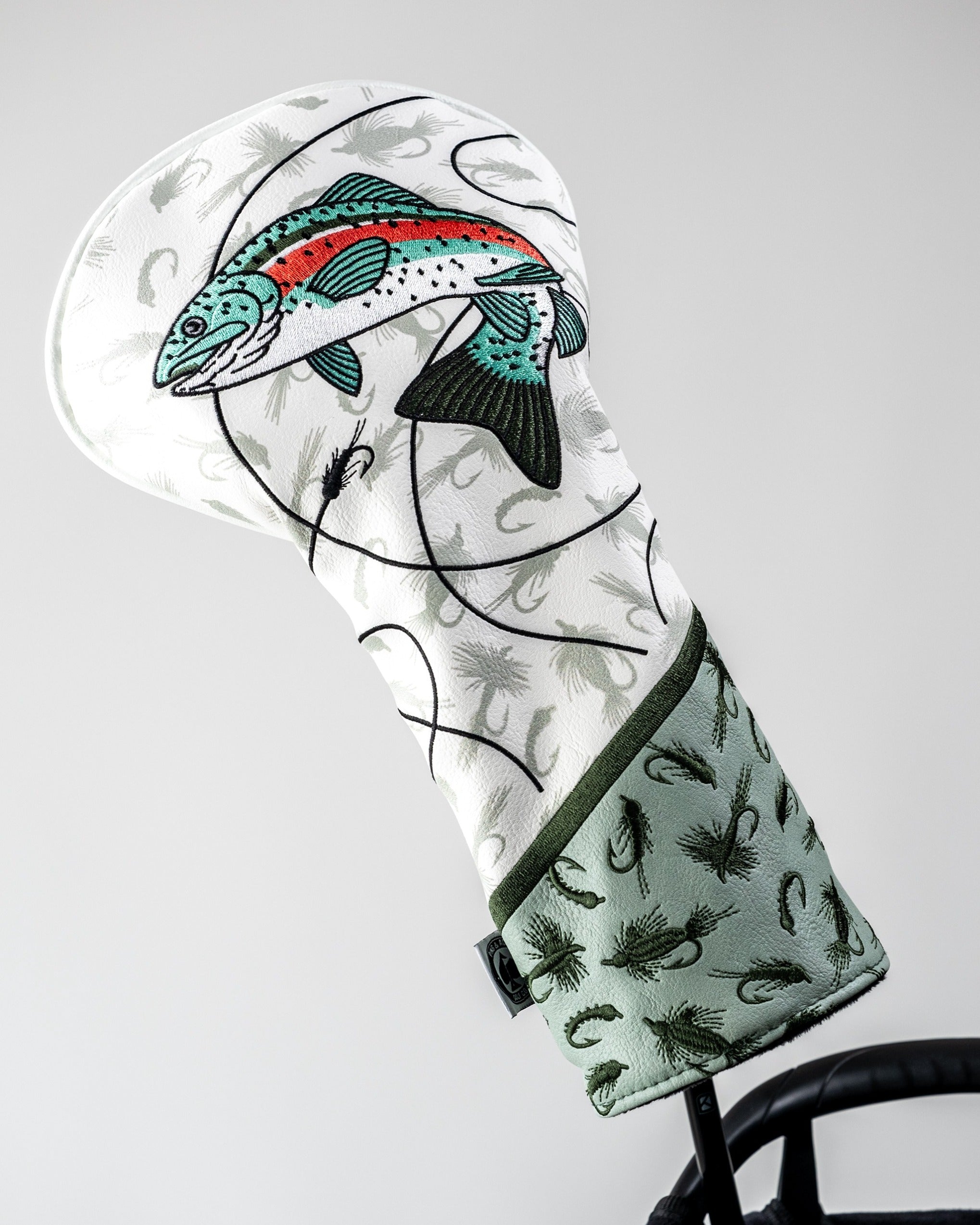 Trout driver cover featuring a colorful trout design with fishing motifs, perfect for stylish golfers.