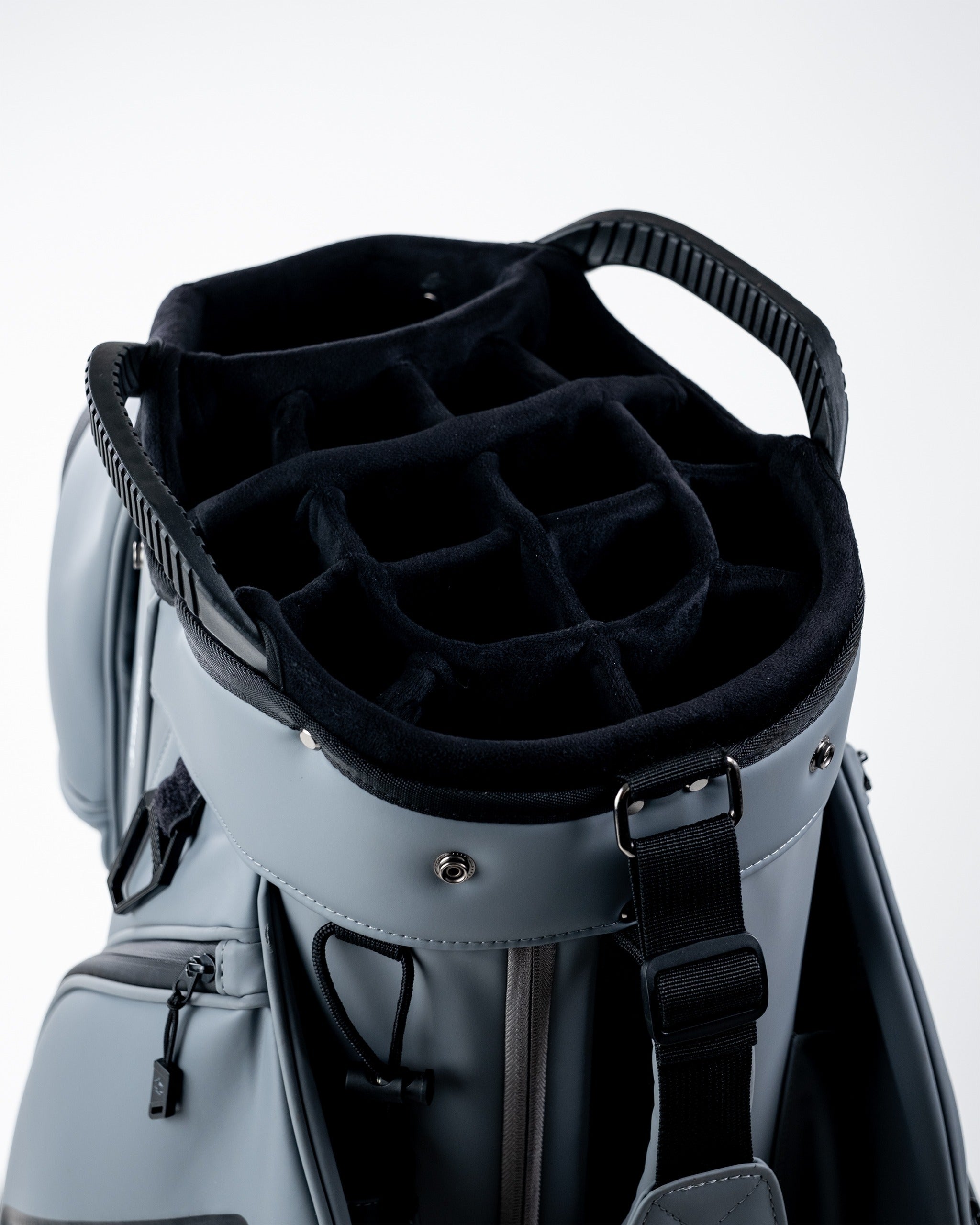 Top view of the Player Preferred Cart Bag in Flat Ash, featuring multiple club dividers and a sturdy handle.