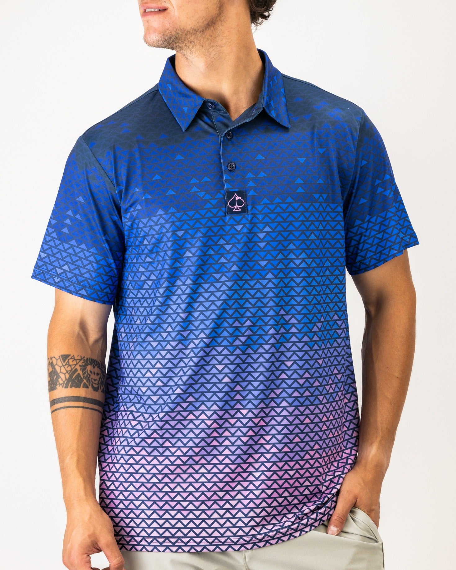Men's blue golf polo shirt featuring a digital rainfall pattern with gradient shades, perfect for stylish performance on the course.