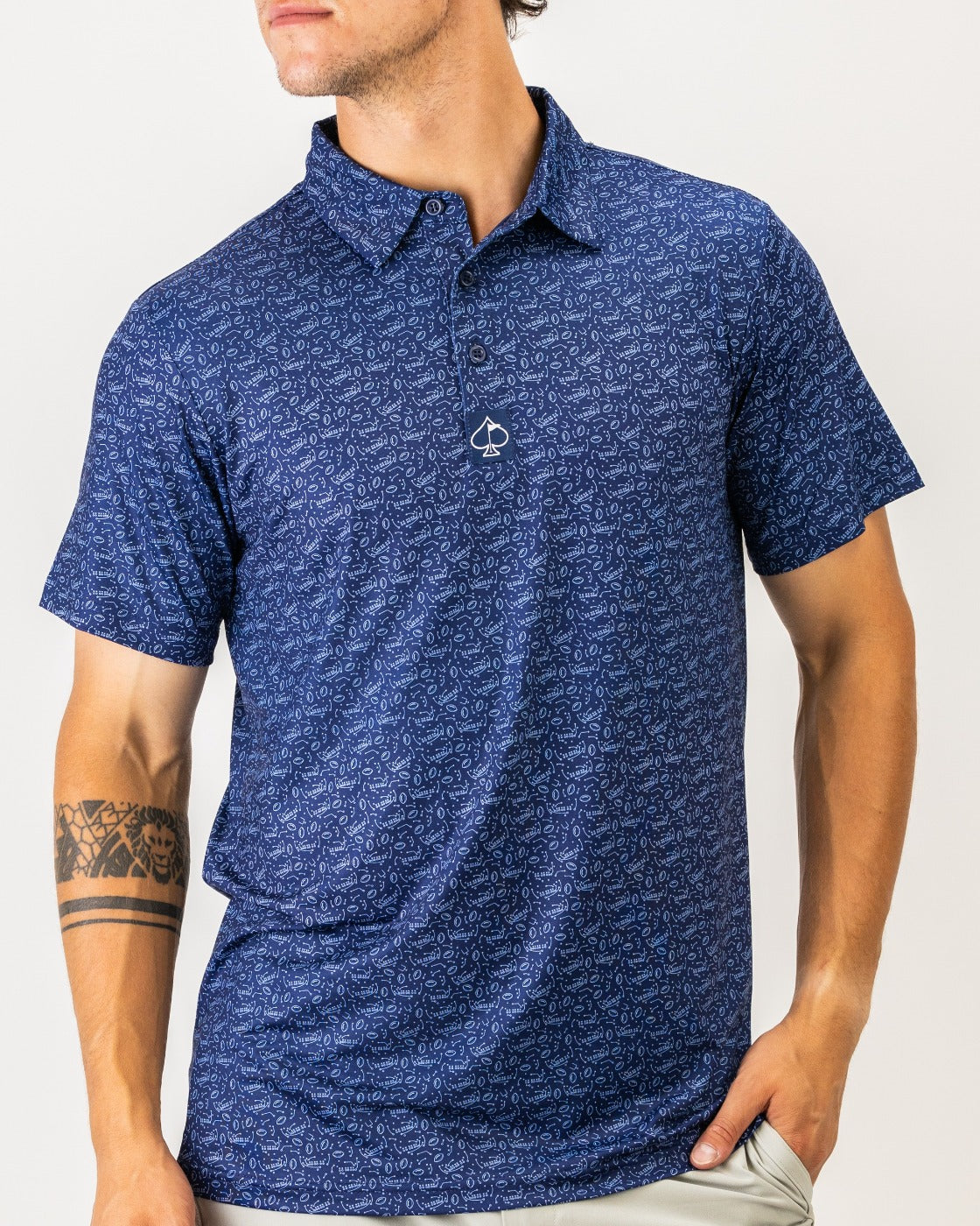 Men's navy golf polo shirt with a subtle pattern and a logo on the chest, designed for stylish performance on the course.