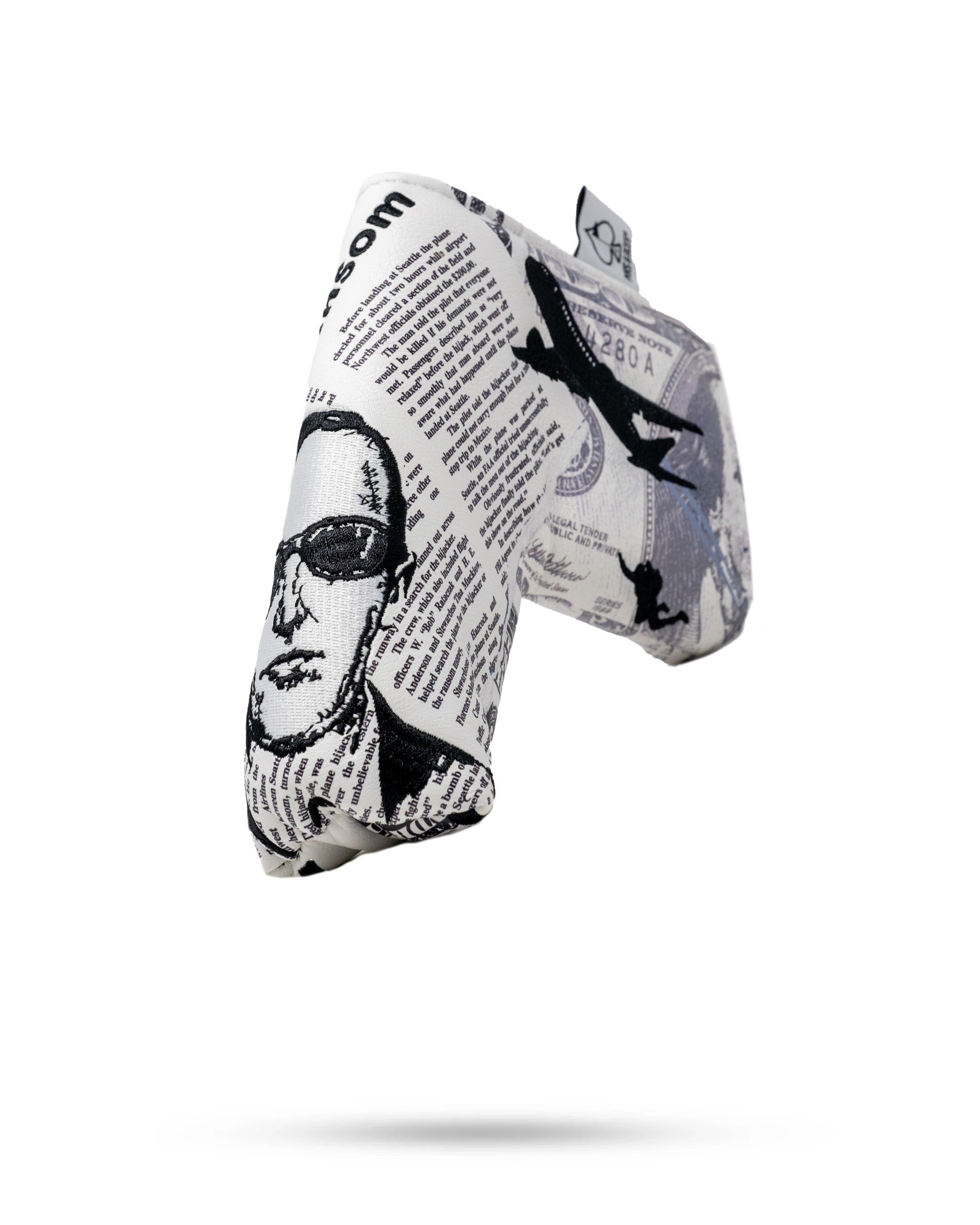 D.B. Cooper blade putter cover featuring a unique design inspired by the infamous hijacker, perfect for bold golfers.