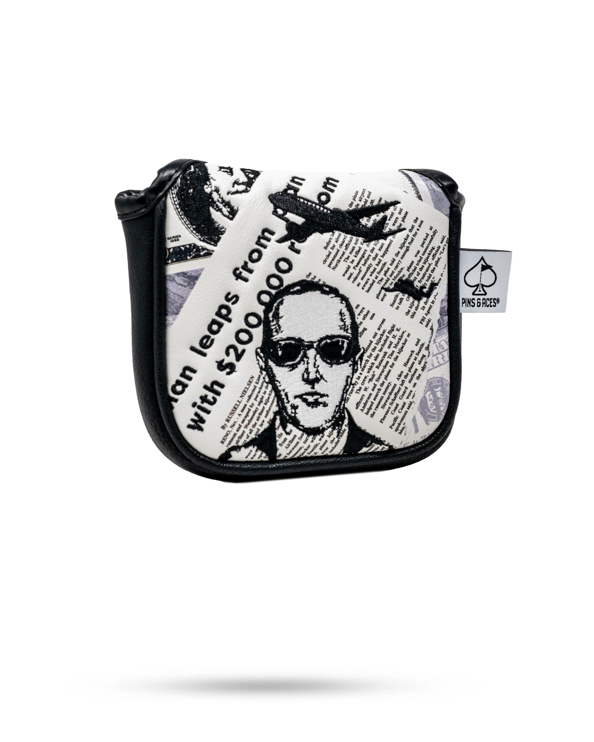 D.B. Cooper mallet putter cover featuring a bold design inspired by the infamous hijacker's story and newspaper clippings.