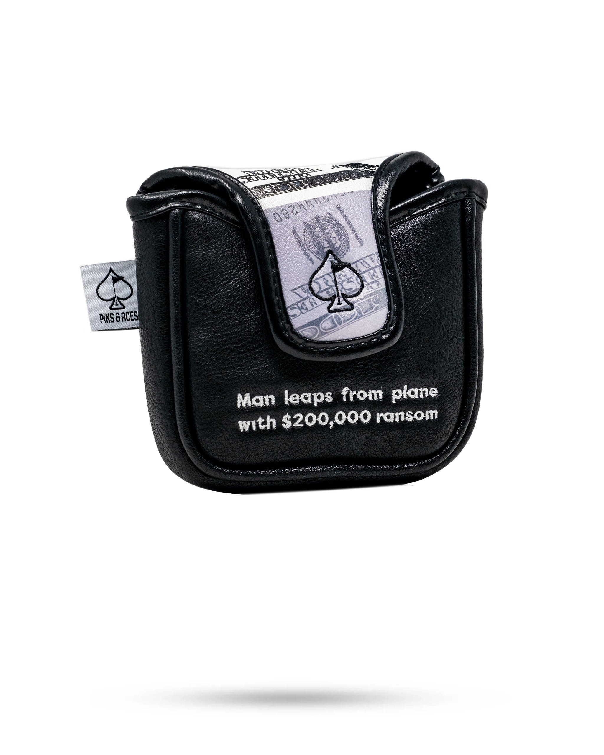 D.B. Cooper mallet putter cover featuring a black leather design with a money graphic and bold text.