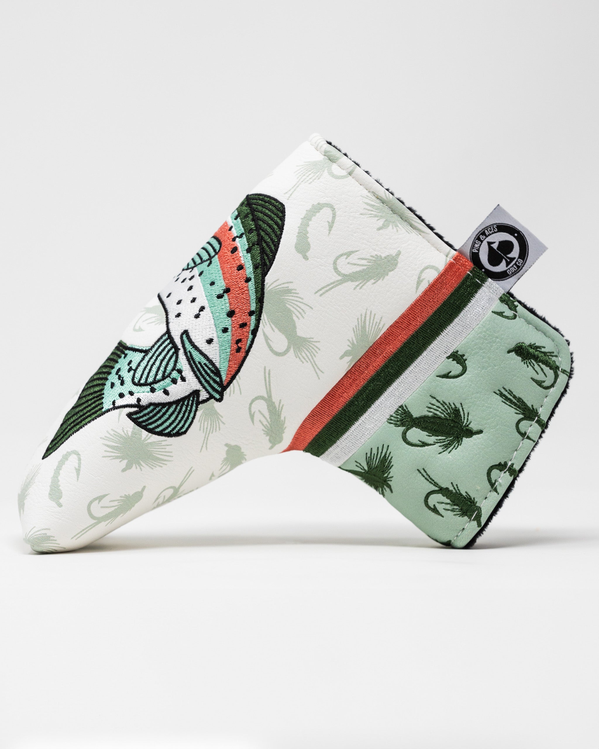 Trout Blade Putter Cover featuring a colorful fish design and a unique pattern, perfect for stylish golfers.