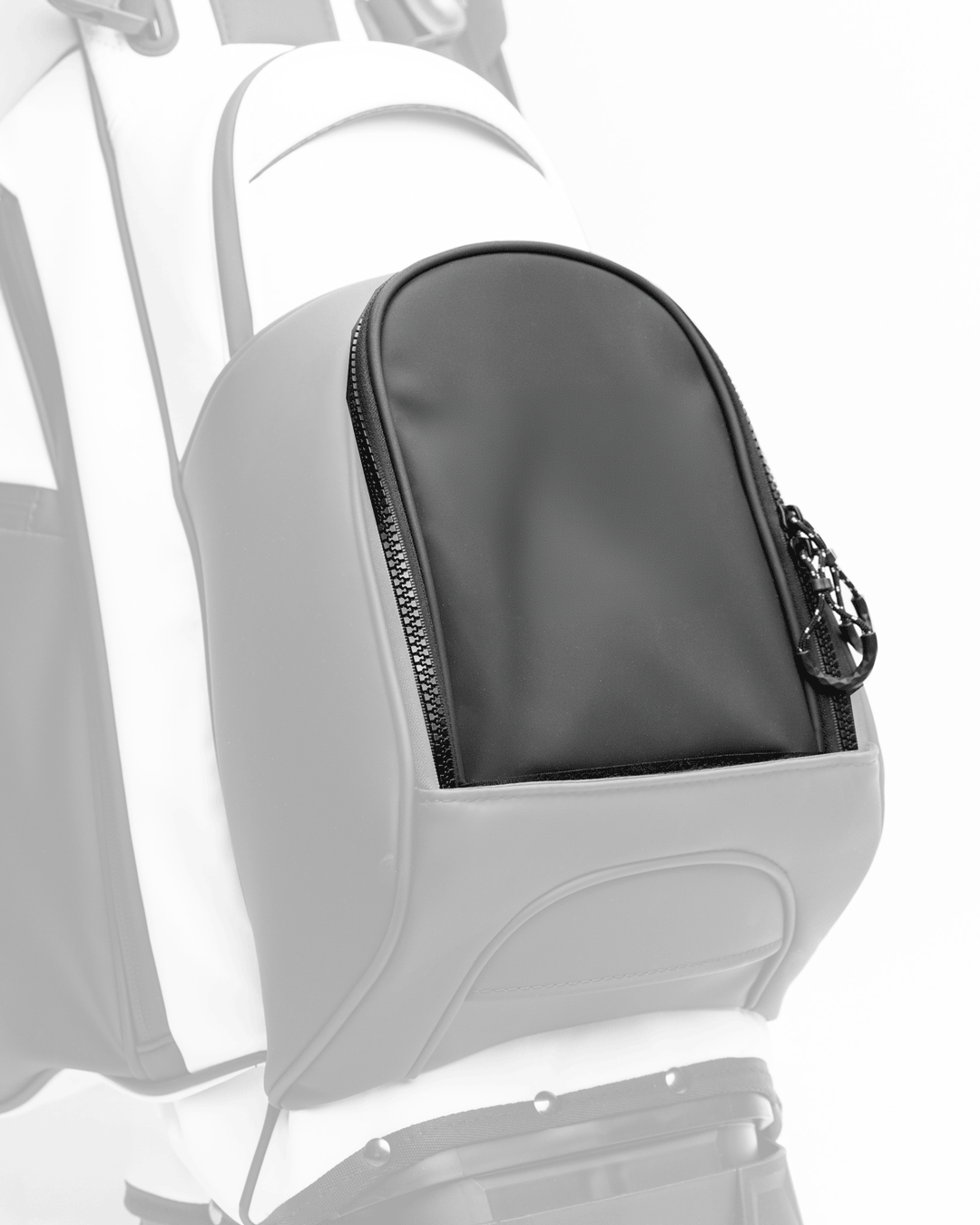 Personalized golf bag pocket featuring a sleek black design with a zipper, ideal for storing essentials on the course.