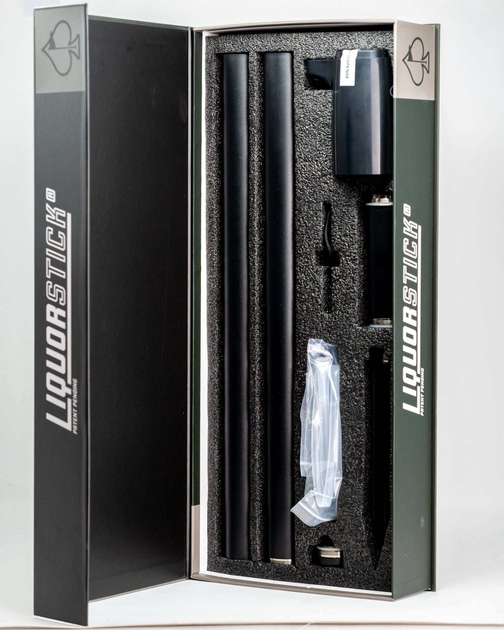 LiquorStick® 3.0 in black, displayed in its packaging with components neatly arranged in protective foam.