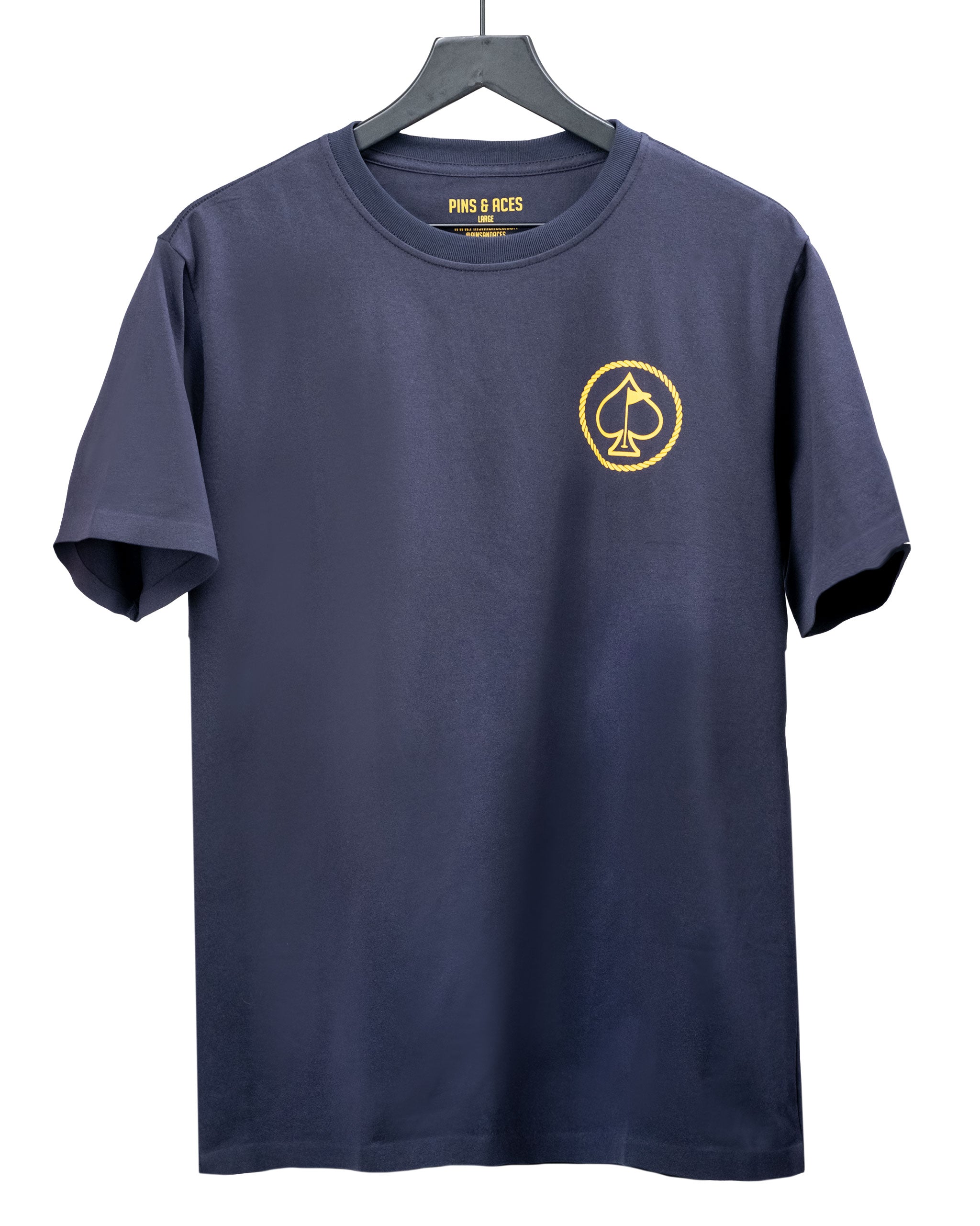 Navy blue t-shirt featuring the Yellowstone logo in yellow on the left chest, perfect for stylish golfers.