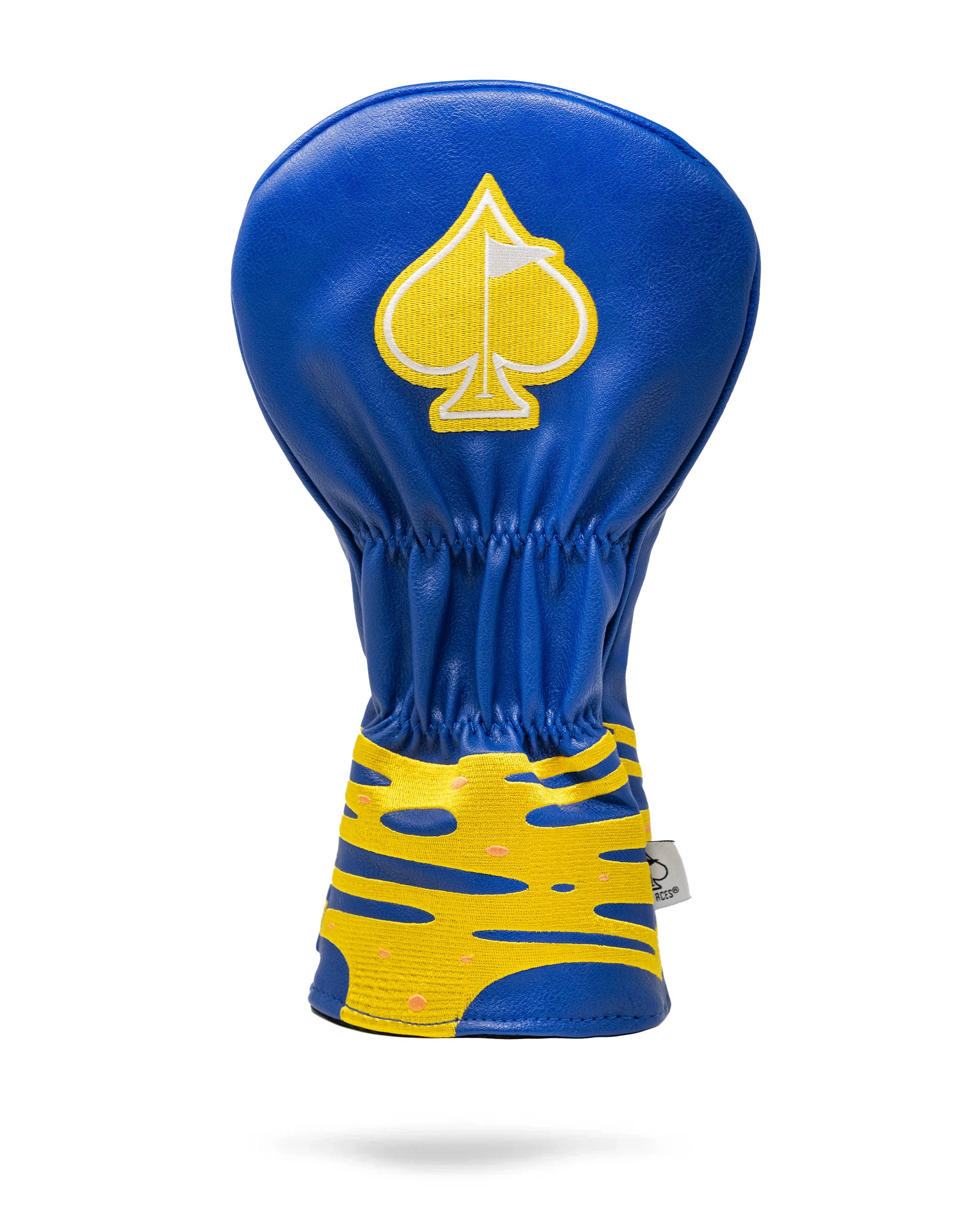 Bold blue and yellow pizza-themed driver cover featuring a spade logo, designed for golfers who want to stand out.