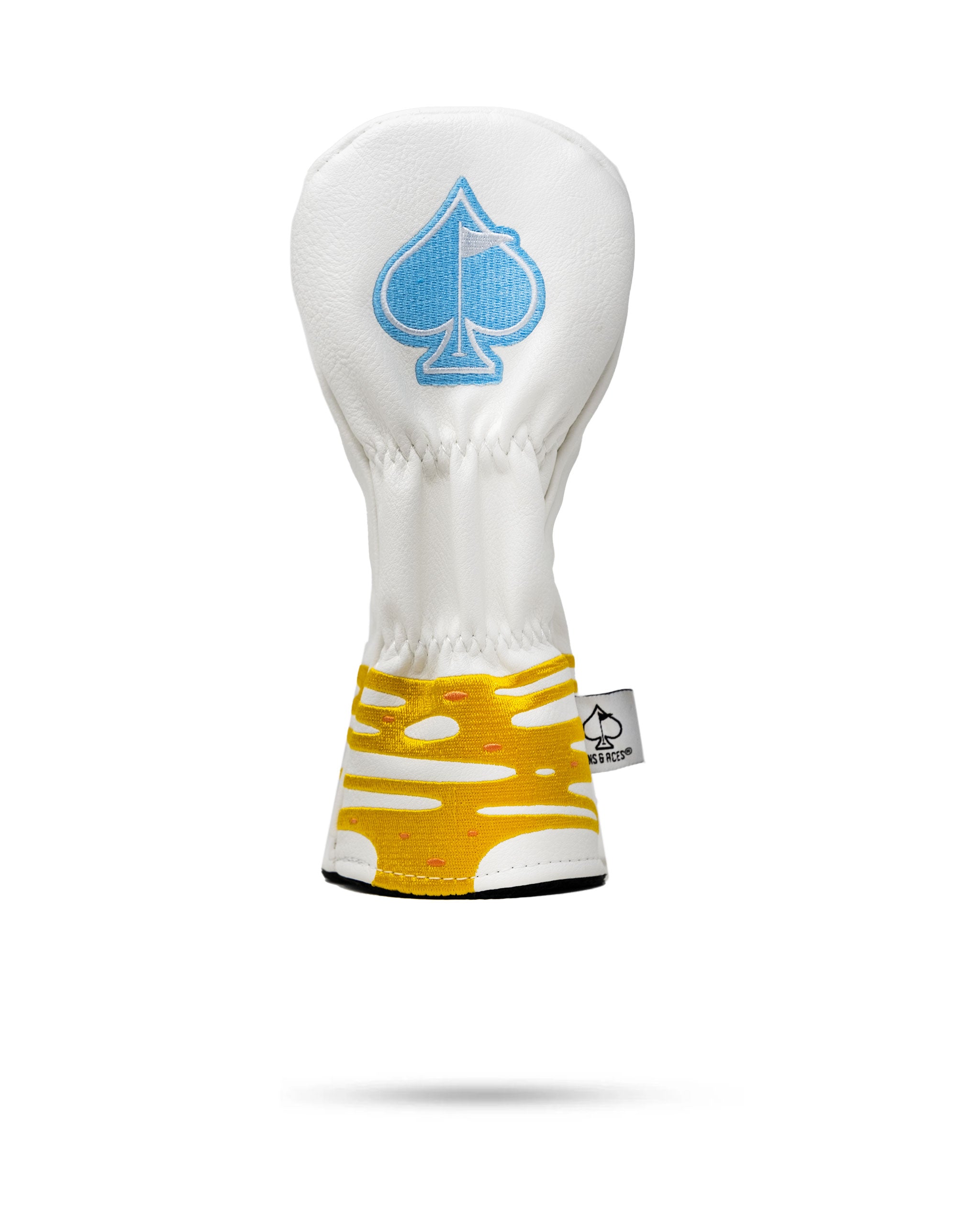 Bold pizza-themed hybrid golf cover featuring a white top with a blue logo and a vibrant yellow cheese design.