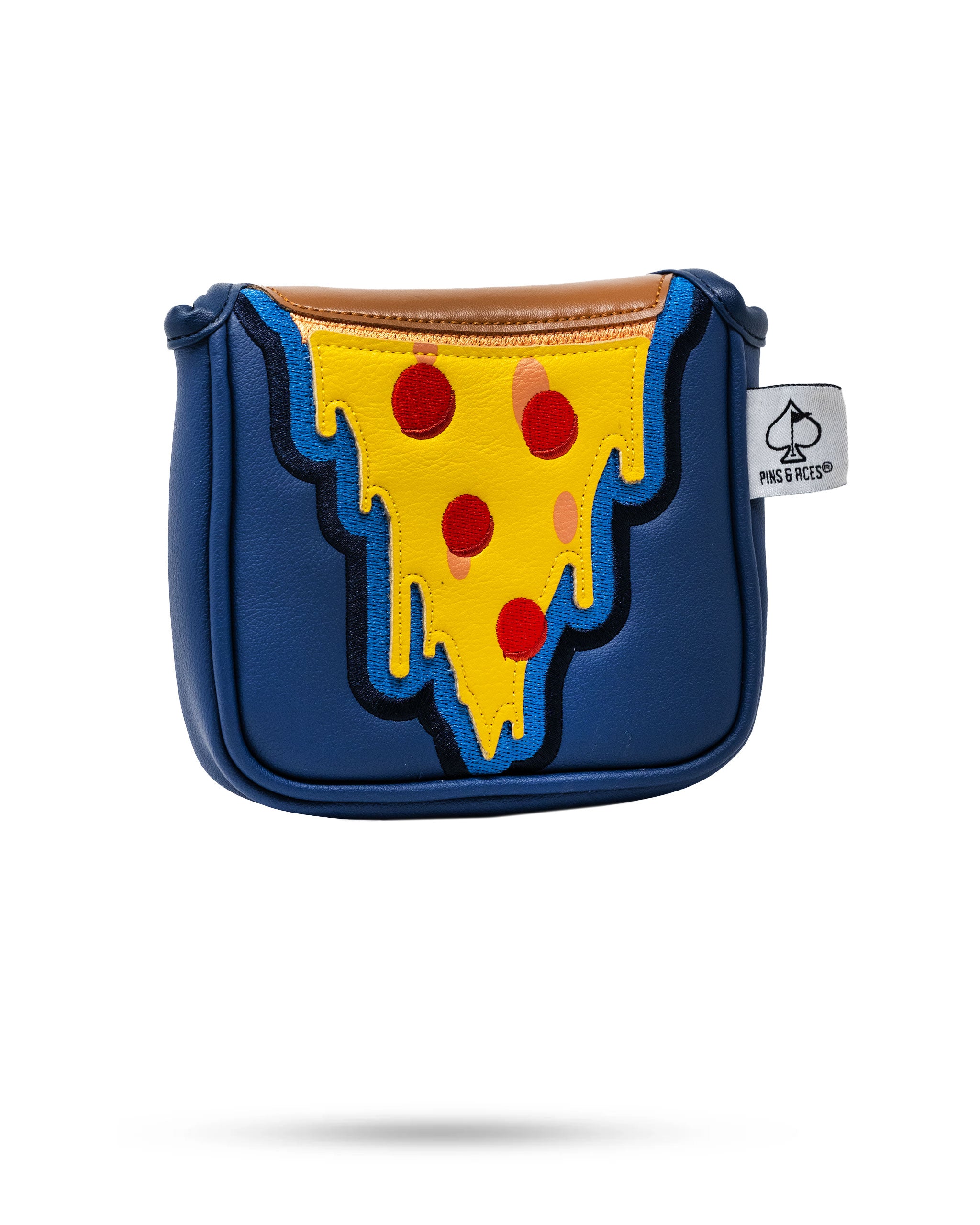 Bold pizza-themed mallet putter cover featuring vibrant colors and a playful design, perfect for standout golf style.