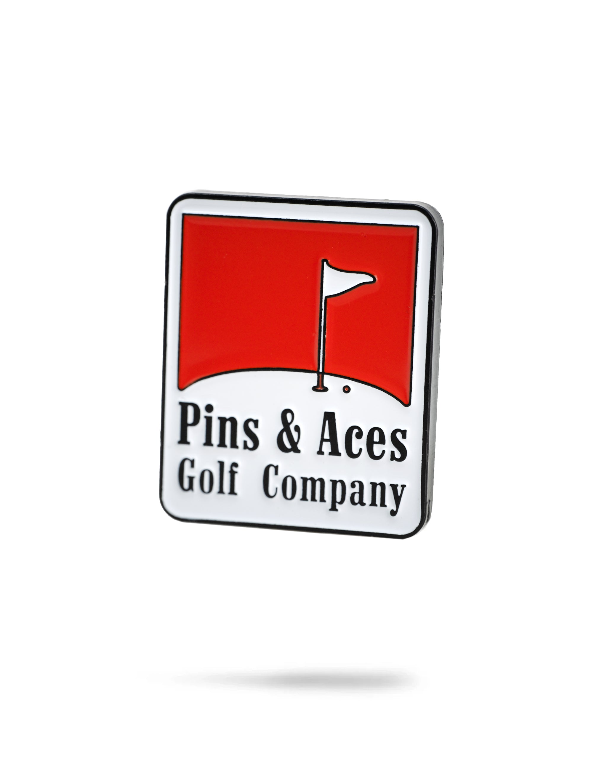 Bold red ball marker featuring the Pins & Aces Golf Company logo, perfect for adding style on the golf course.