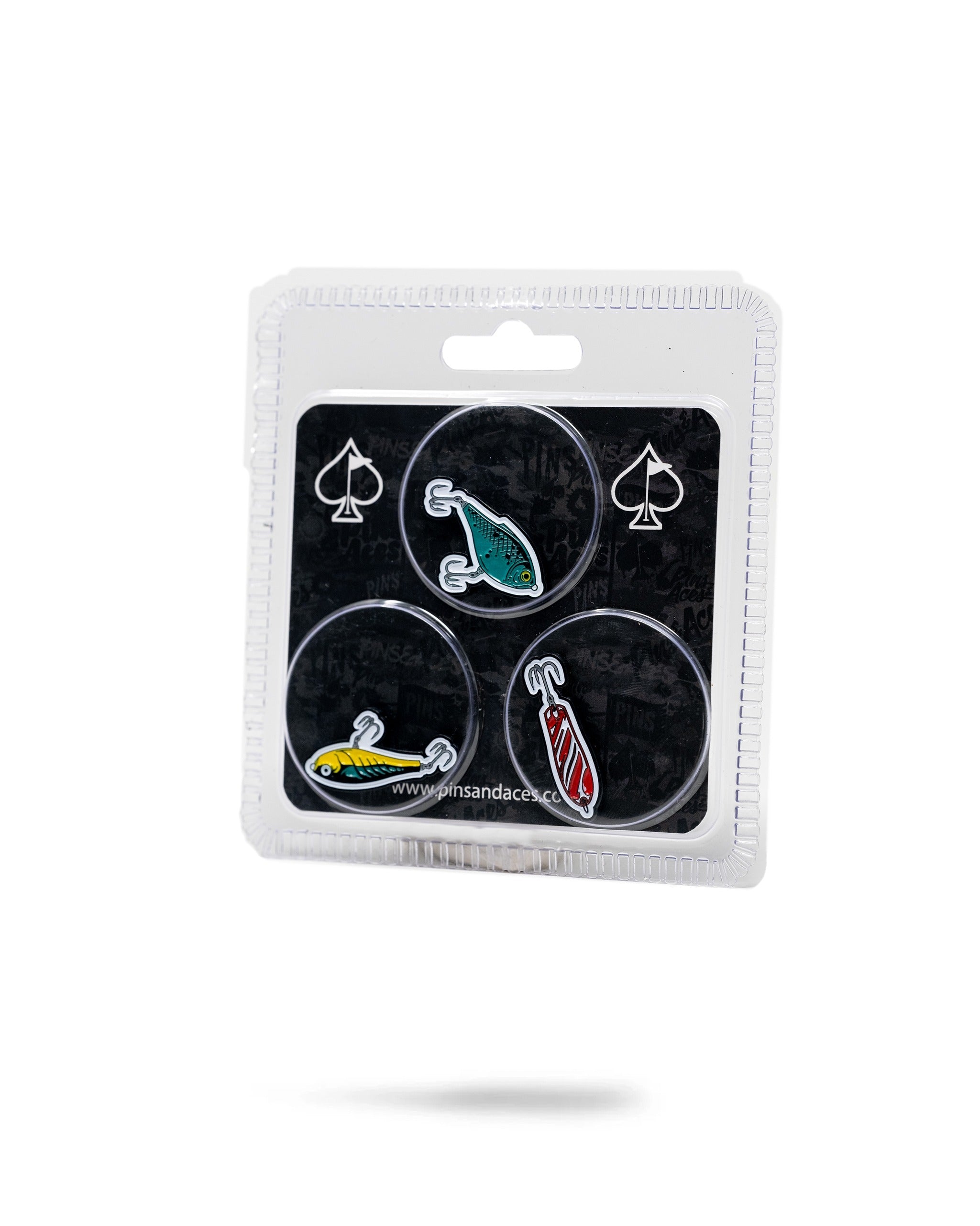 Fishing lures ball markers in a pack of three, featuring colorful designs for golf enthusiasts who love fishing.
