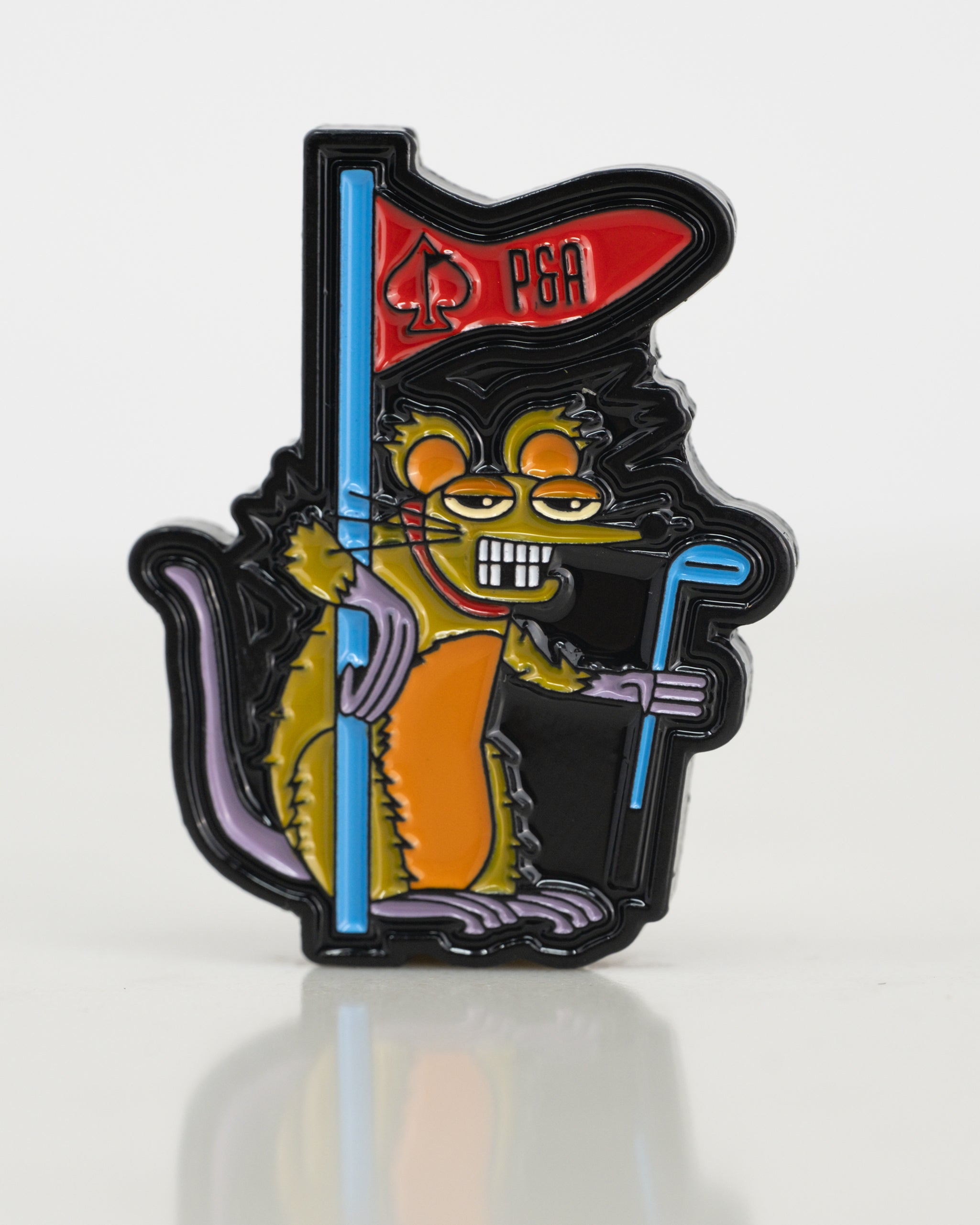 Bold Range Rat ball marker featuring a cartoon rat holding a golf club and flag, perfect for unique golf accessories.