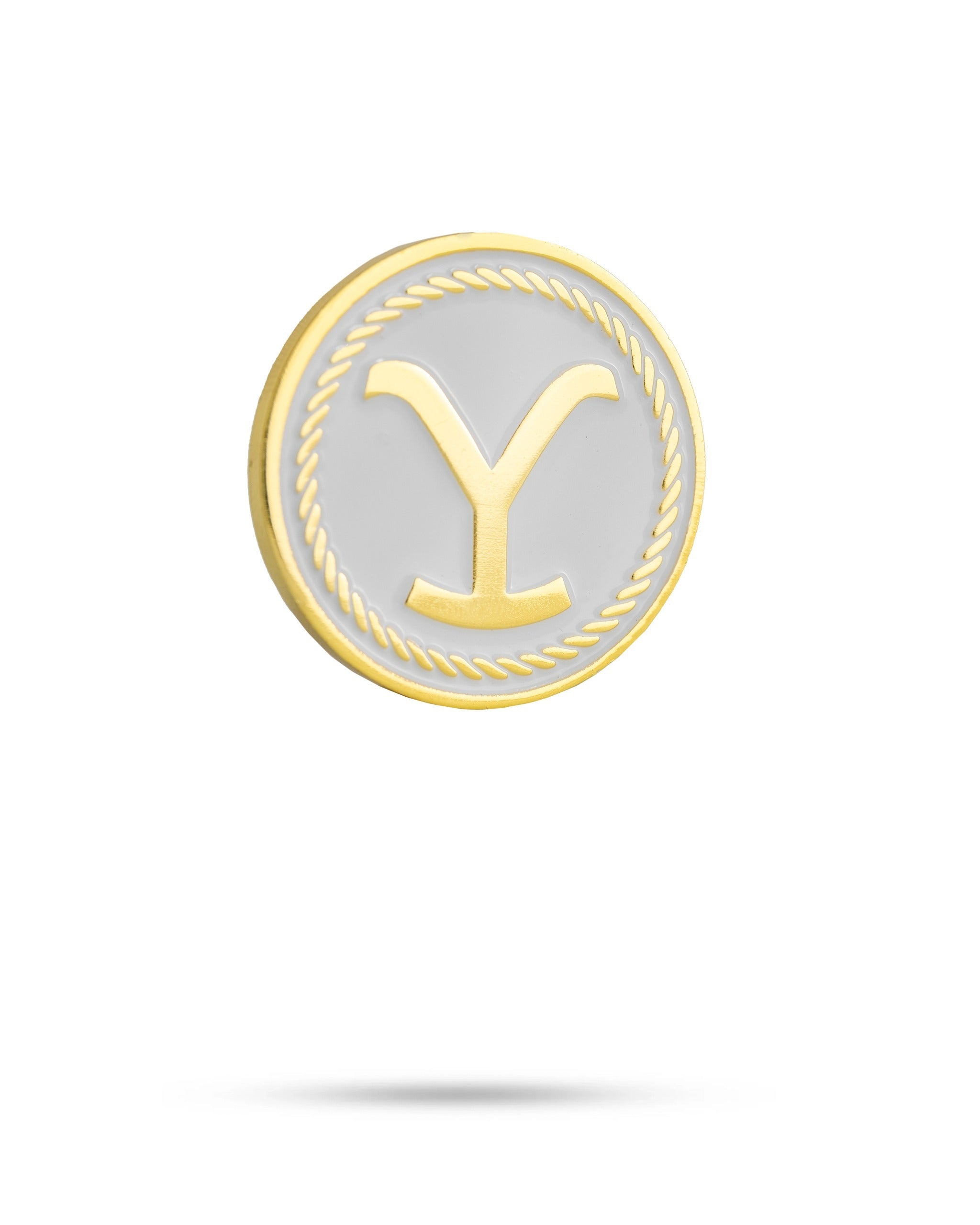 Yellowstone ball marker featuring a gold and gray design with a rope border and a prominent letter Y in the center.