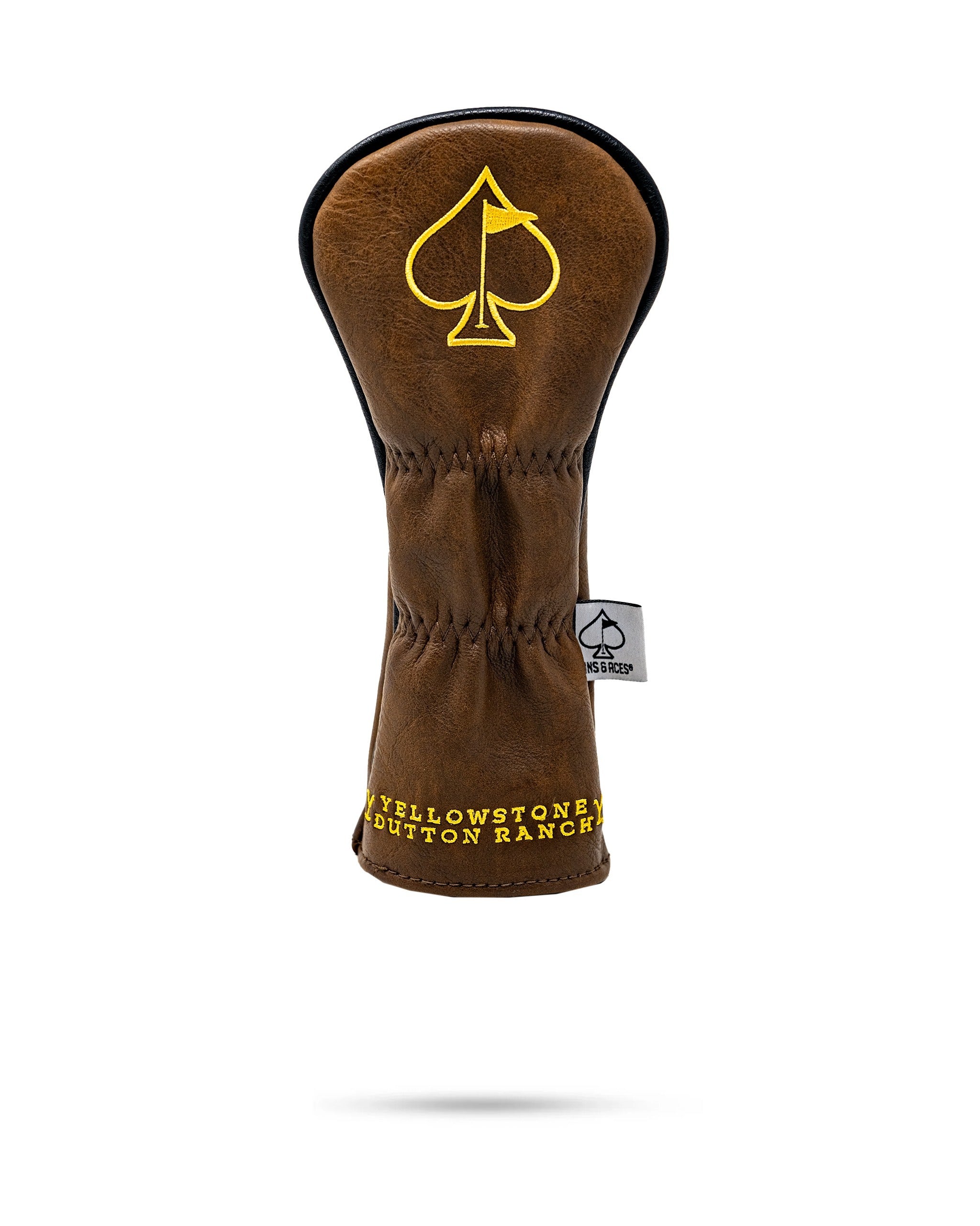 Yellowstone Hybrid Cover featuring a brown leather design with a yellow logo, perfect for stylish golf club protection.