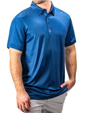 Navy polo shirt with a subtle pattern and logo, designed for golfers seeking style and comfort on the course.