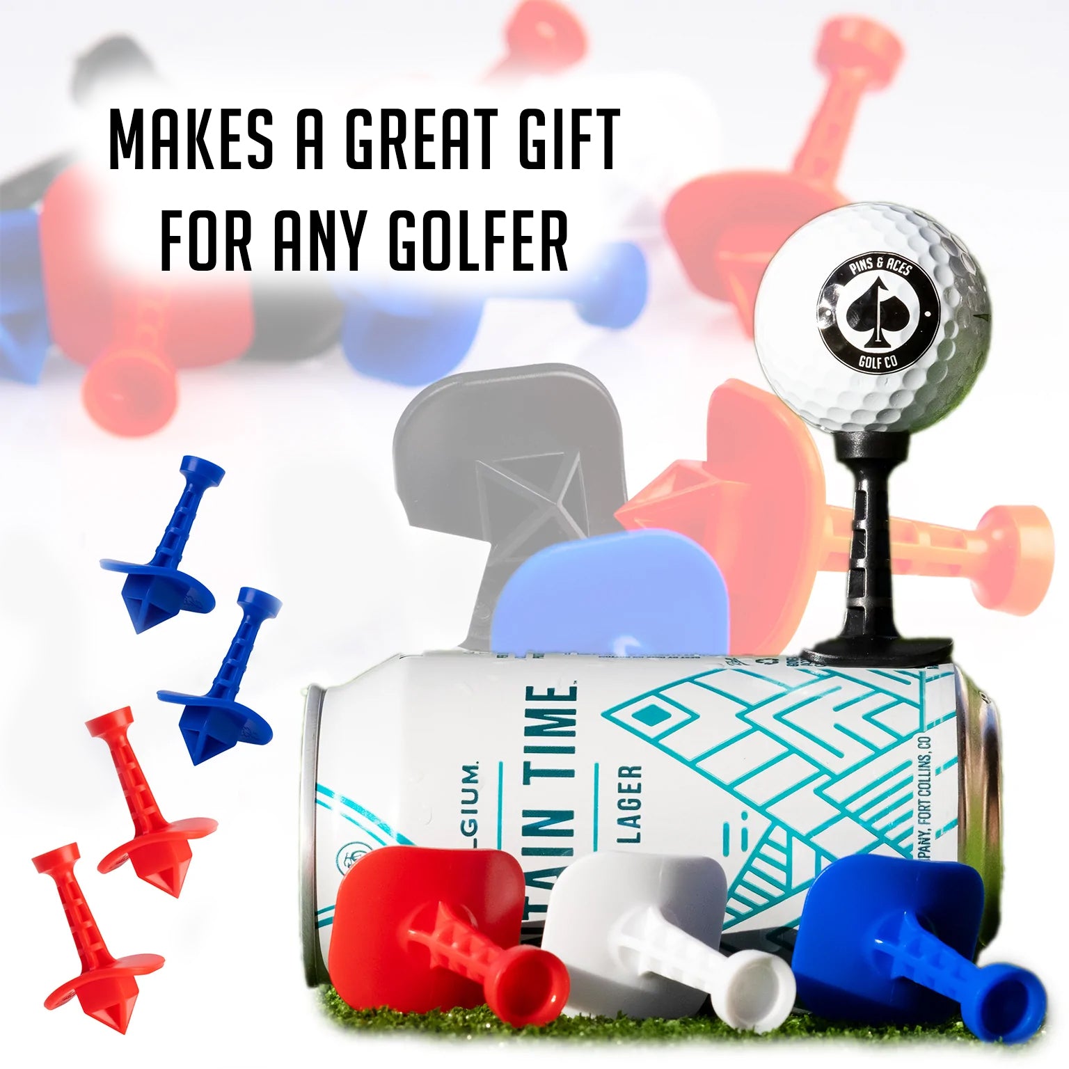 Black 3-pack of Shottee Golf Tees displayed with colorful tees and a golf ball atop a can, ideal gift for golfers.